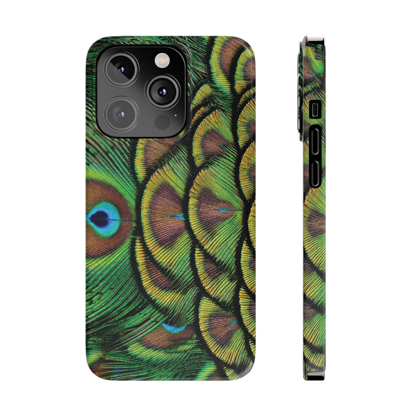 Slim Phone Cases - Brilliant Green Peacock Feathers