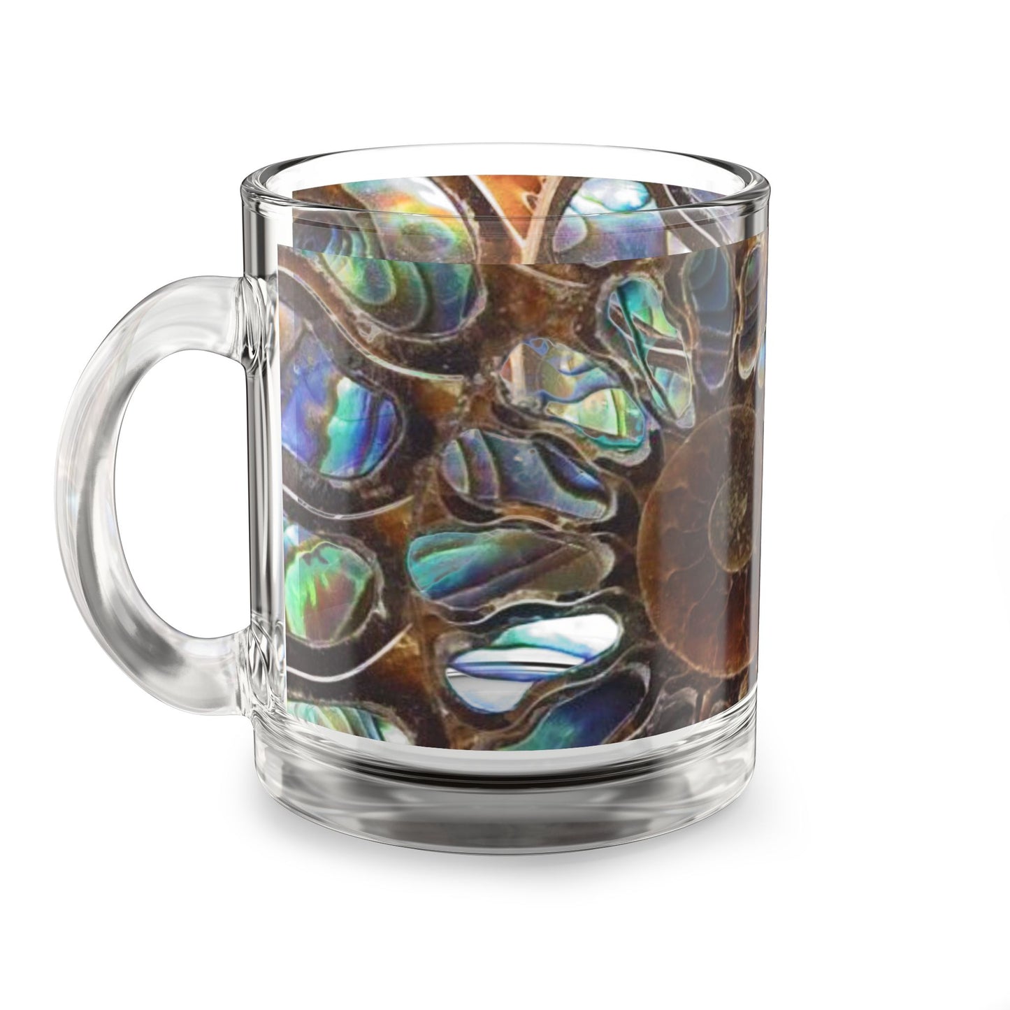 Tropical Glass Mug - 10oz Coffee Cup / Ammonite and Abalone Shells