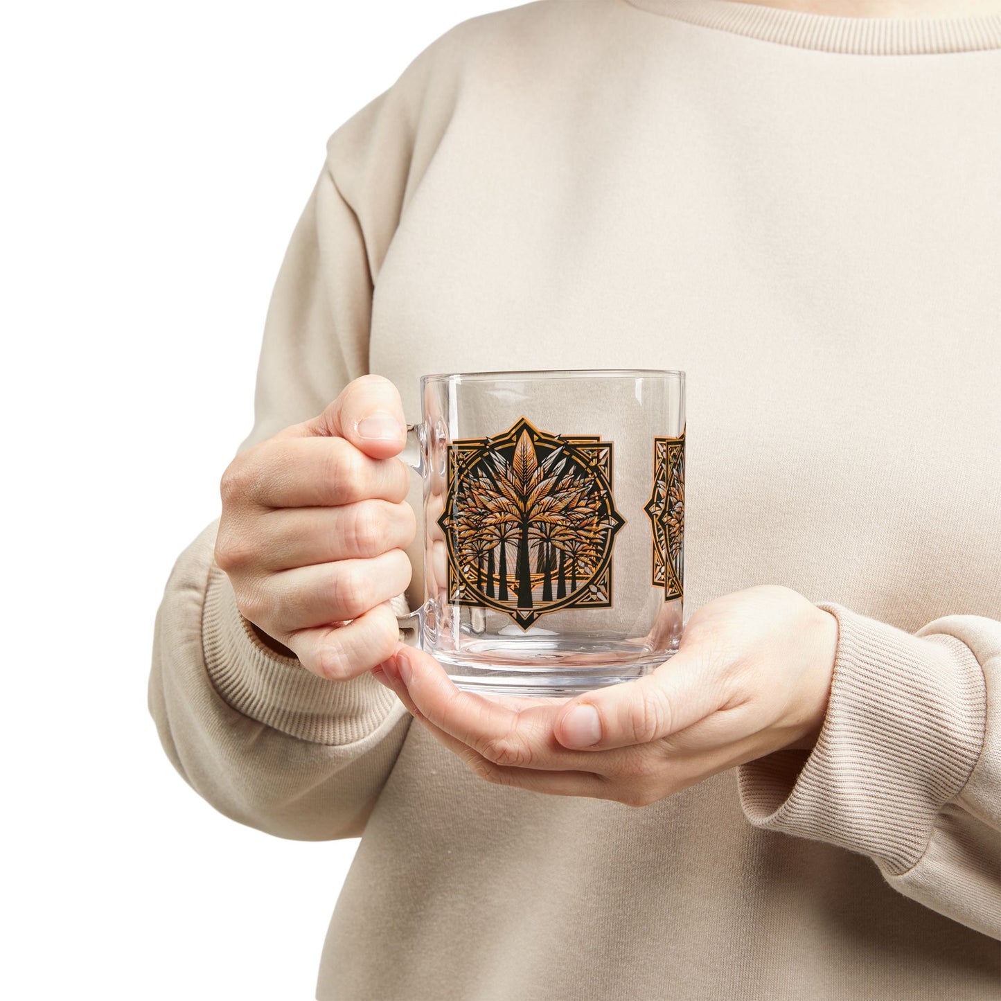 Tropical Glass Mug - 10oz Coffee Cup / Deco Palms, Cinnamon