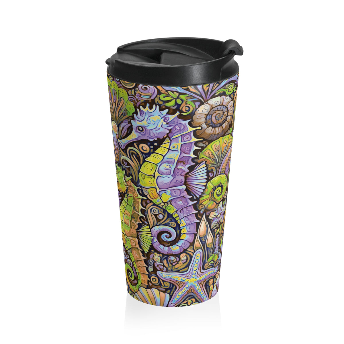 Copy of 15 oz. Stainless Steel Travel Mug / Seahorse Trio Yellow-Purple