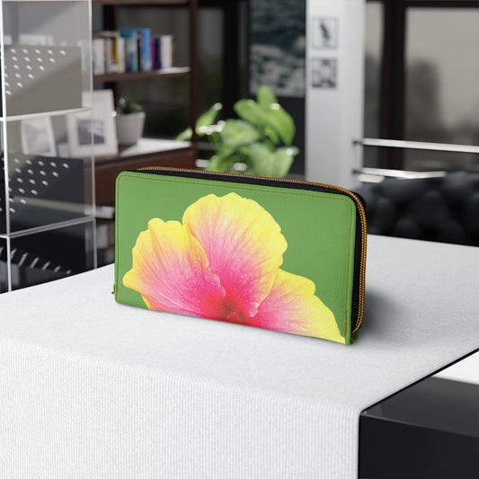Tropical Zipper Wallet, Faux Leather / Vibrant Clutch / Sunset Hibiscus, Green