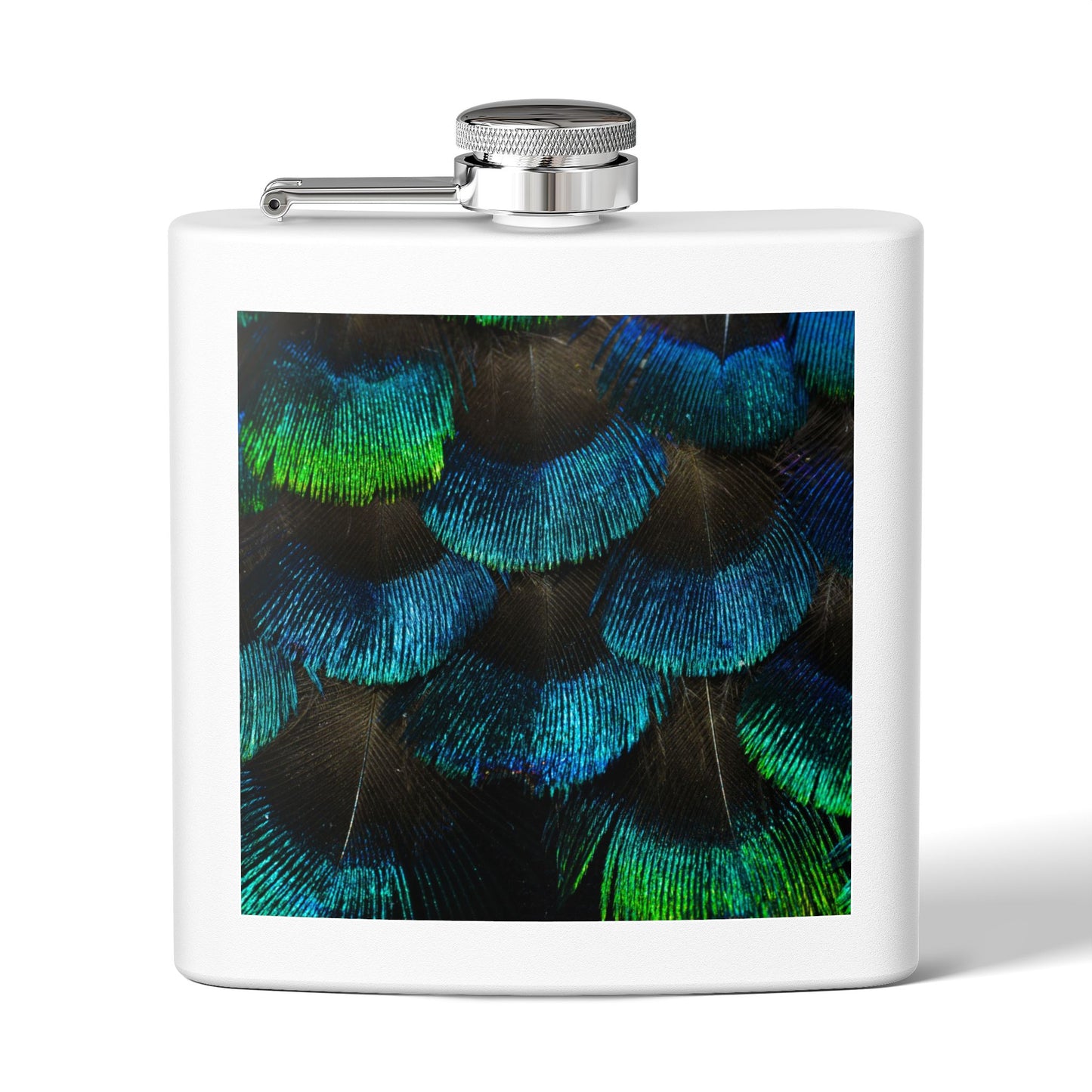 Tropical Stainless Steel 6 oz. Flask, Many Colors  – Real Eyelash Blue/Green Peacock Feathers