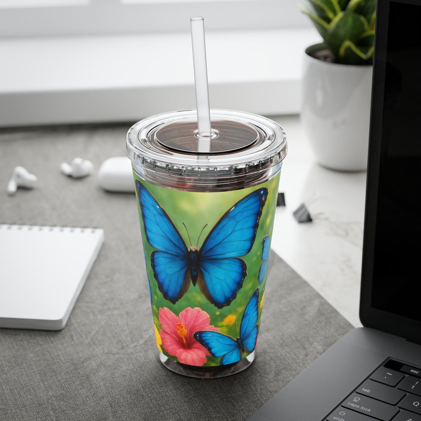 Tropical Tumbler with Straw | 16oz Colorful Travel Cup / Morpho Butterflies Flight
