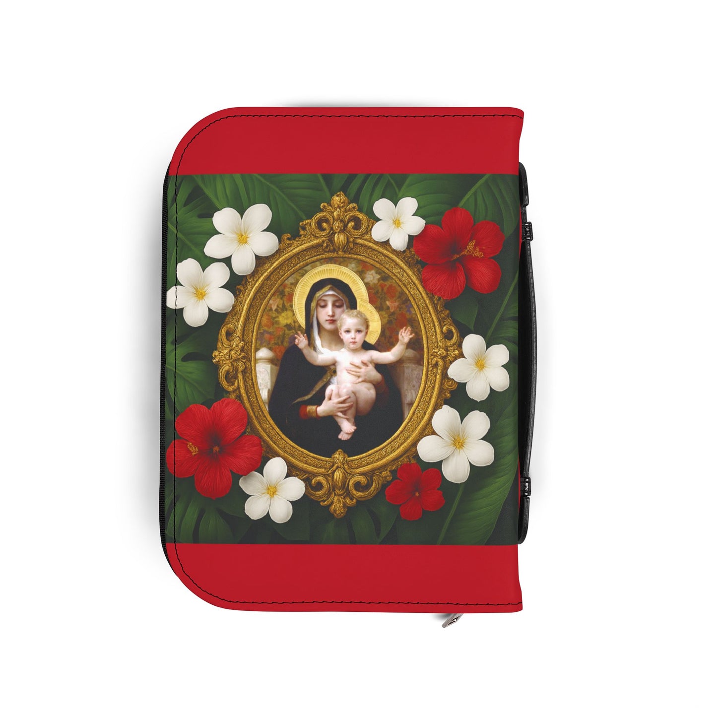 Tropical Bible Cover, Virgin of the Lilies Dark Red / Floral Bible Protector, Chrisitan Church Accessories