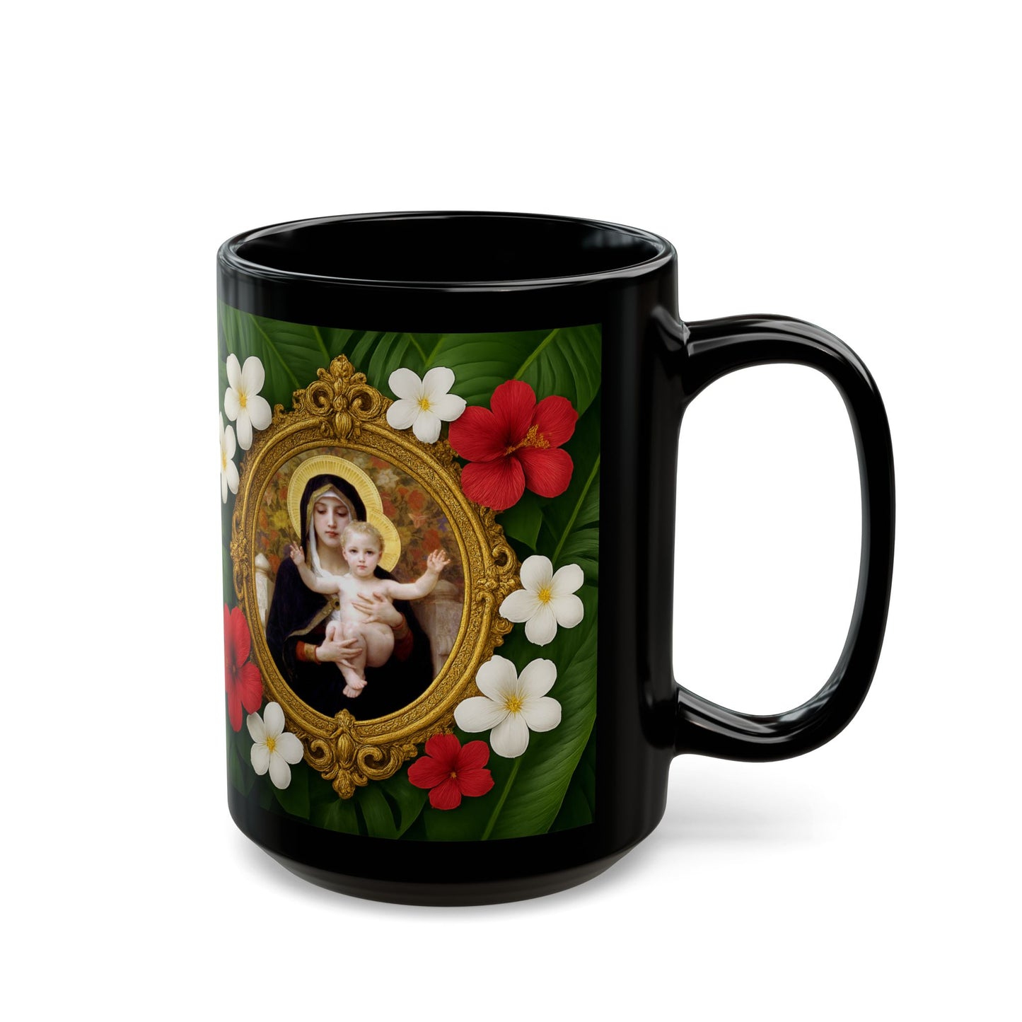 Religious Black Coffee Mug - Virgin of the Lilies