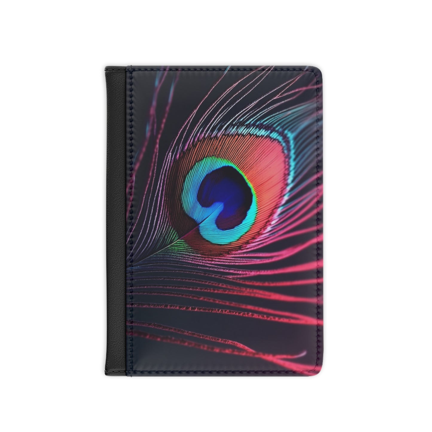 Tropical Passport Cover, Faux Leather - RFID blocking for travel security / Peacock Eye Feather, Magenta