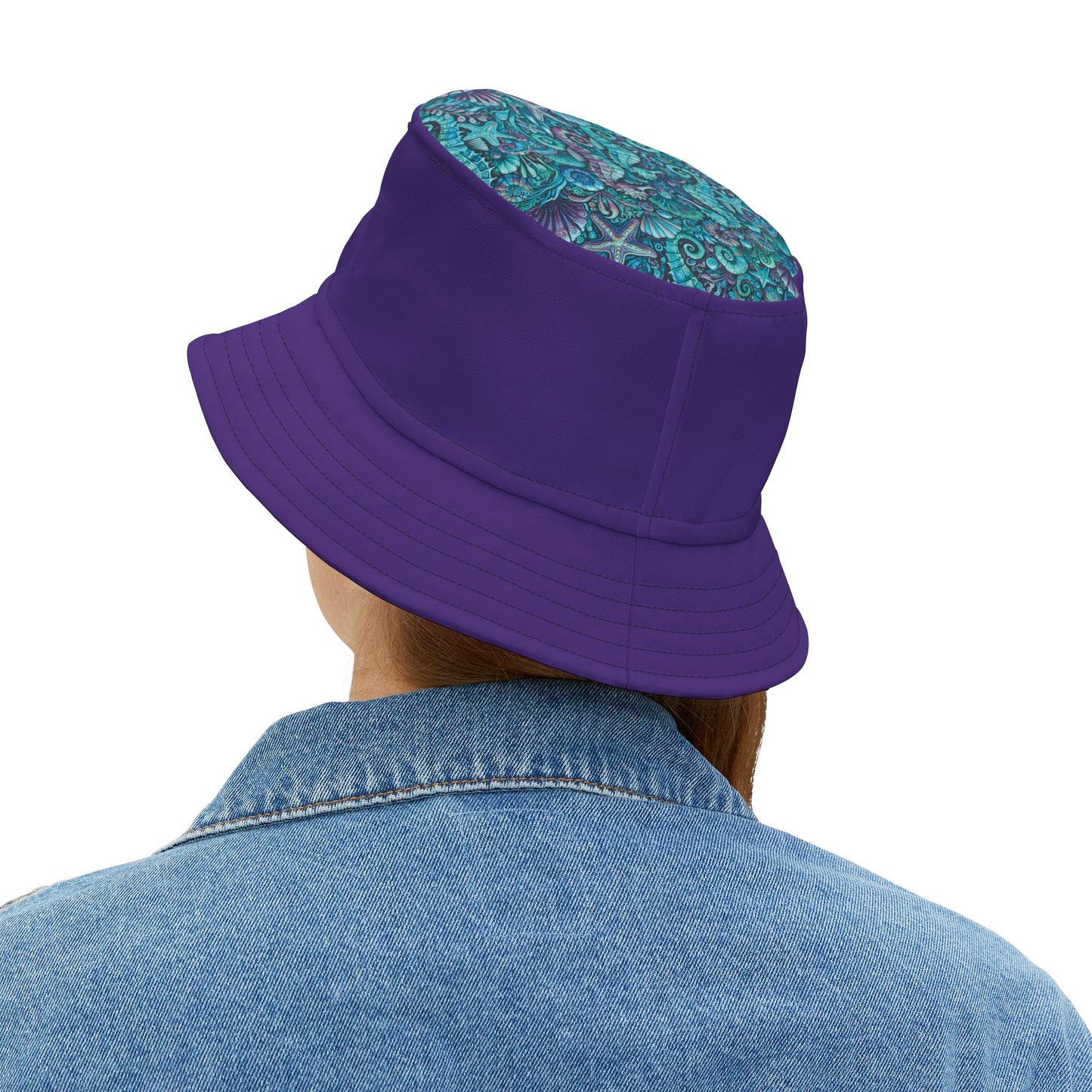 Tropical Polyester Bucket Hat, 2 Sizes - Seahorses Turquoise/Purple