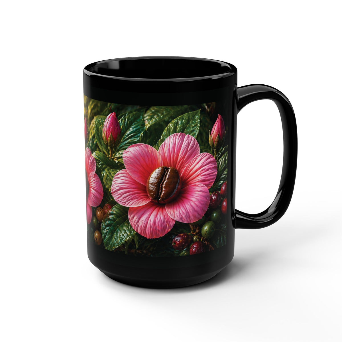 15oz Black Mug — Coffee Bean Blossom Floral Ceramic Mug