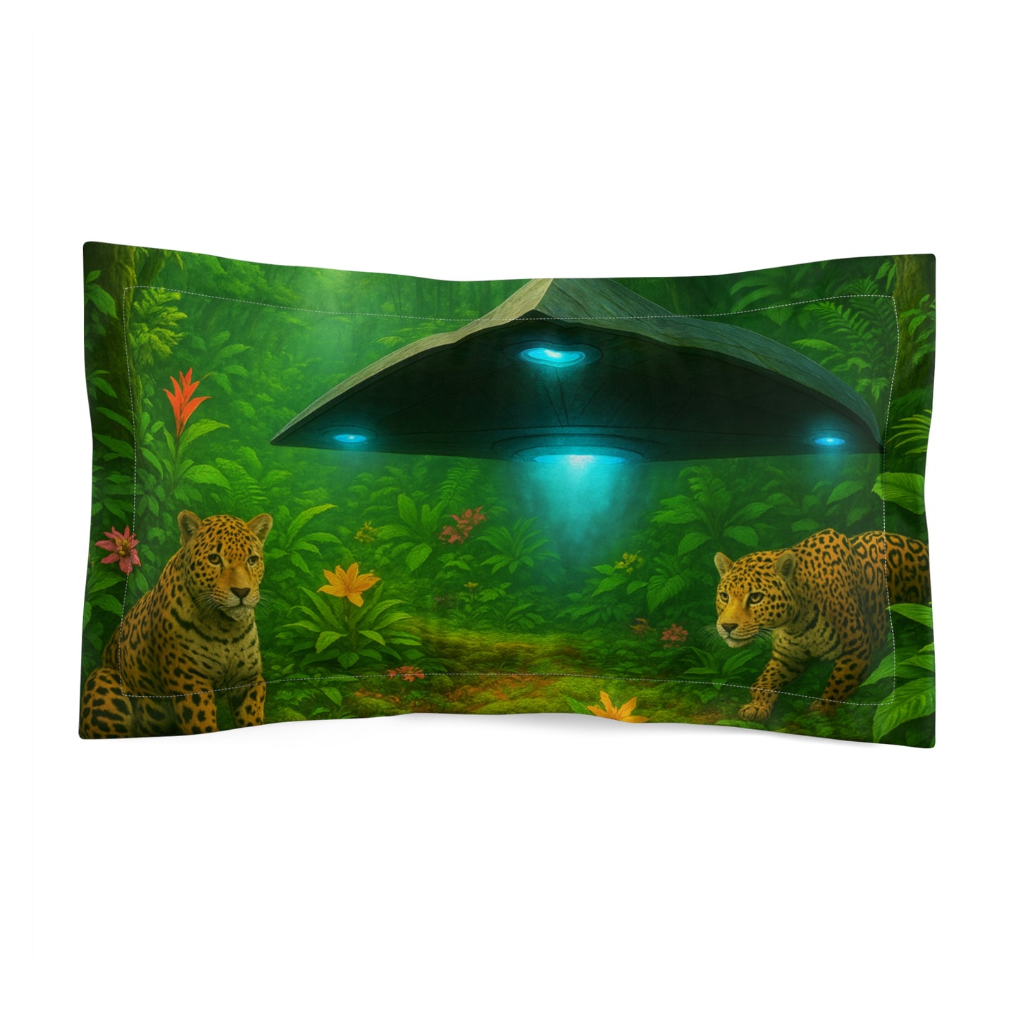 Microfiber Pillow Sham | Tropical Vibes for Relaxation / Rainforest UFO and Jaguars