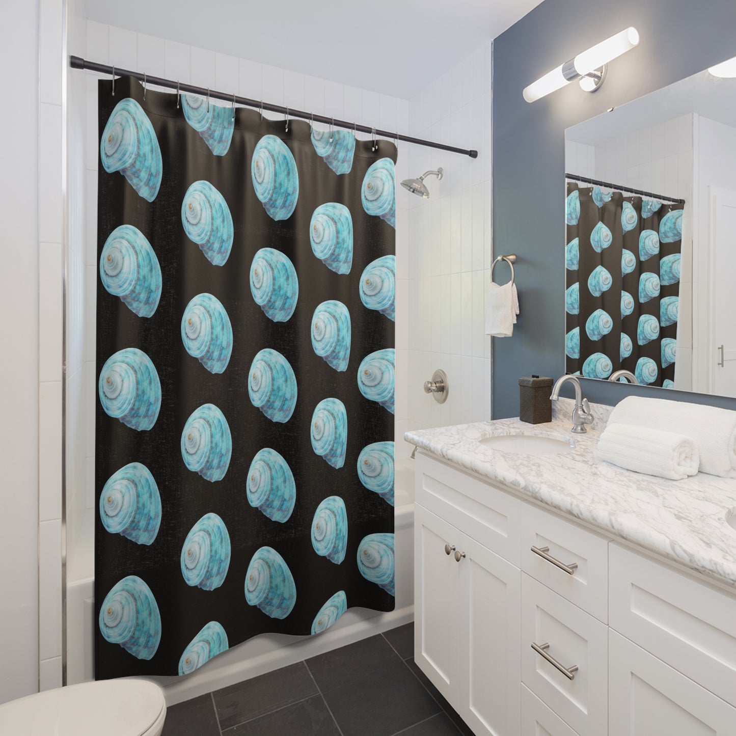 Tropical Shower Curtain - Ocean Bathroom Decor / Jade Turbo Shell/Black