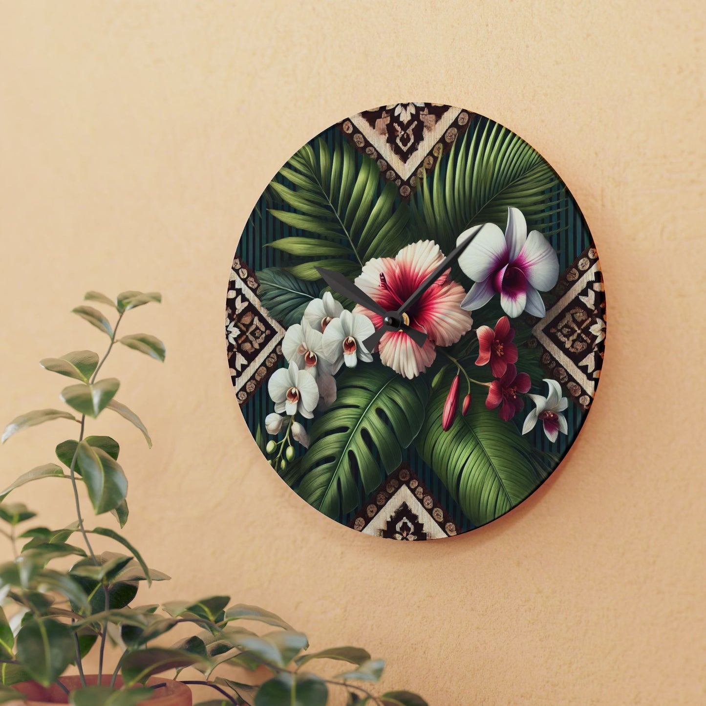 Acrylic Wall Clock / Tiki Orchids