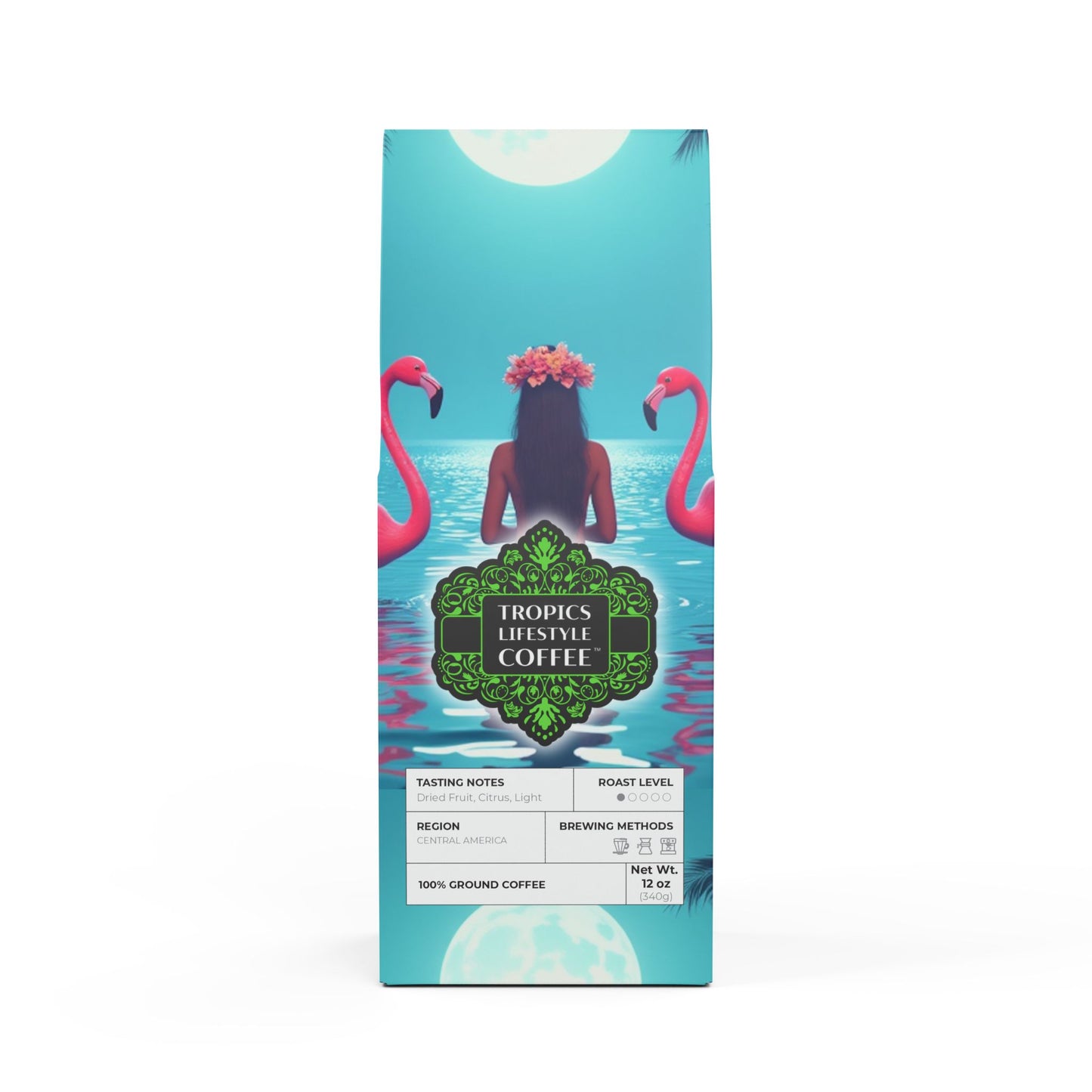 Beach Sunrise Blend™ (Light Roast) Specialty Grade Craft Coffee / Moonlit Mermaid and Flamingos