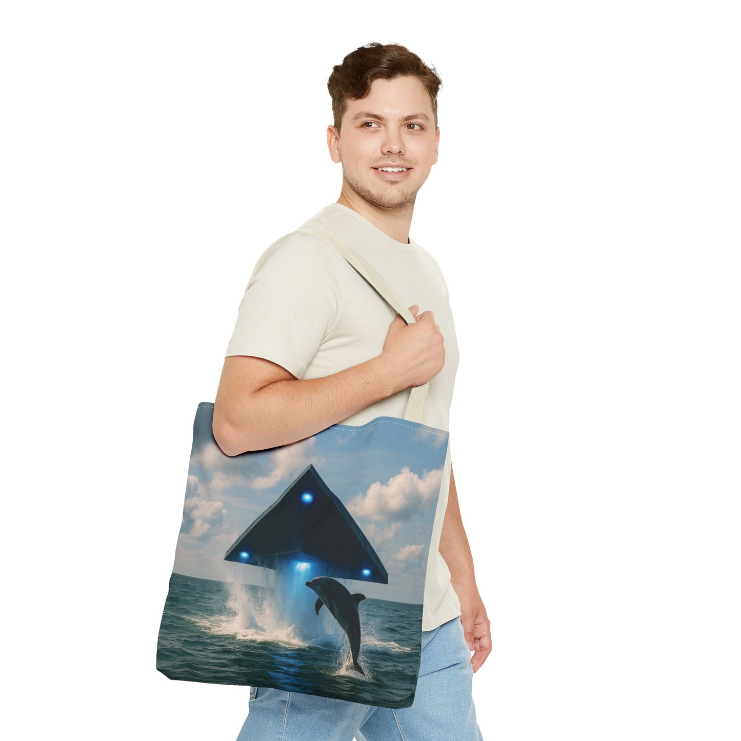 UFO and Dolphin in Ocean Tote Bag - 3 Sizes