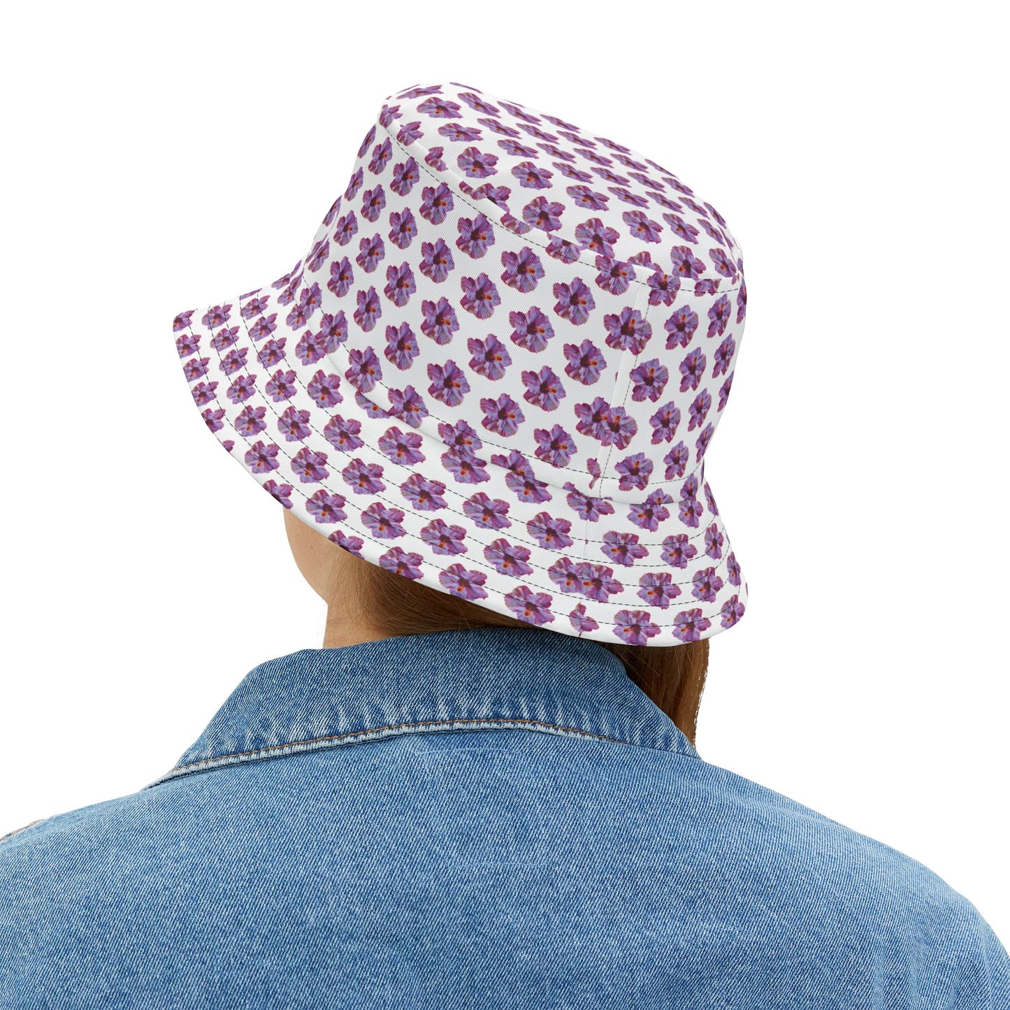 Tropical Polyester Bucket Hat, 2 Sizes - Purple Hibiscus/MICRO