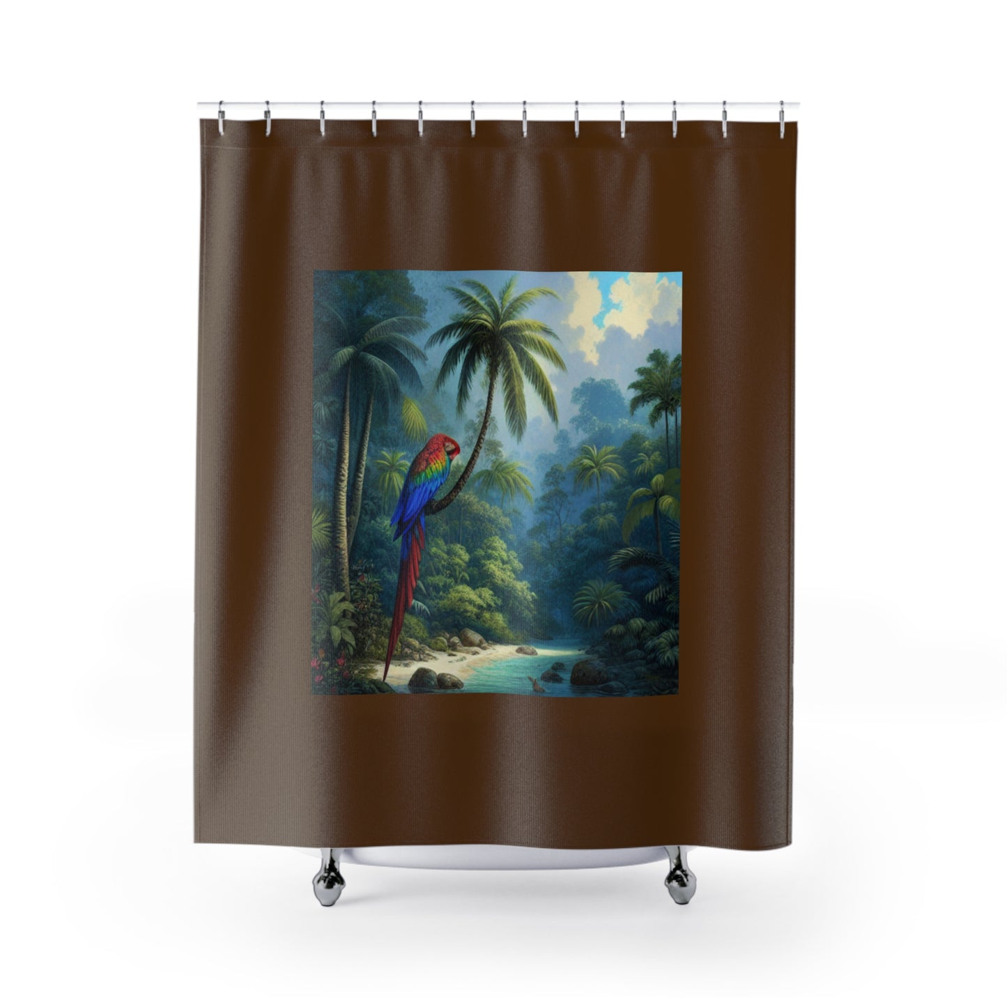 Tropical Shower Curtain - Rainforest Bathroom Decor / Sleeping Beauty Parrot, Brown