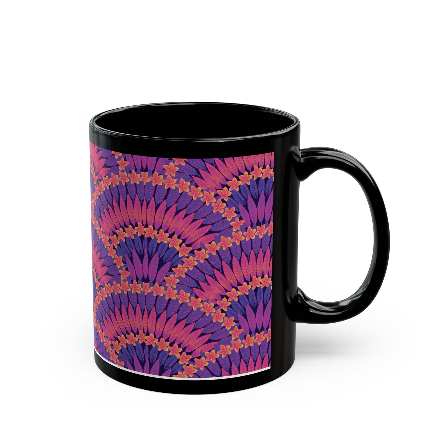 Black Mug (11oz, 15oz), Plumeria and Palms, Heatwave