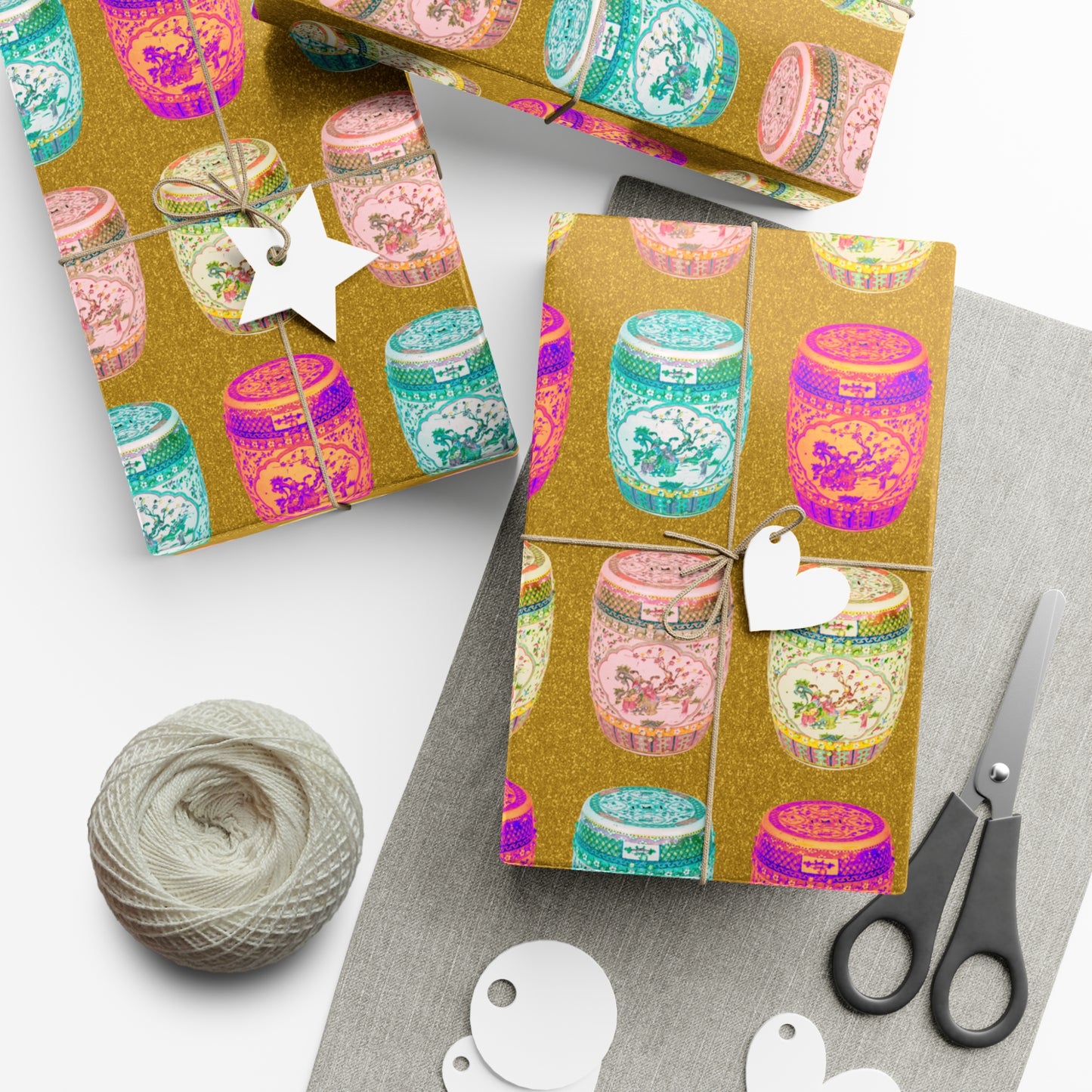 Wrapping Paper - Tropical Gift Wrap for All Occasions / 3 Sizes, 2 Finishes /Pop Art Porcelain Stools, Gold