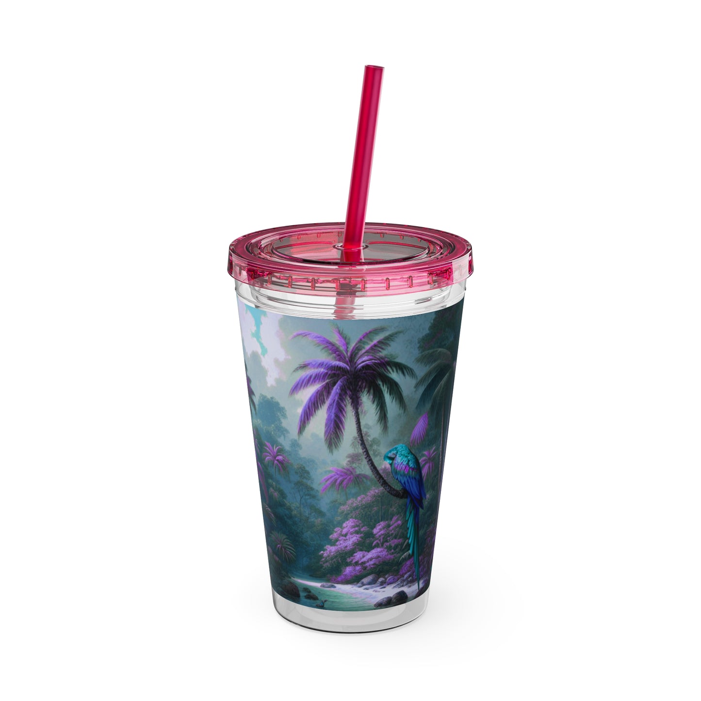 Tropical Tumbler with Straw | 16oz Colorful Travel Cup / Sleeping Parrot/Fantasy