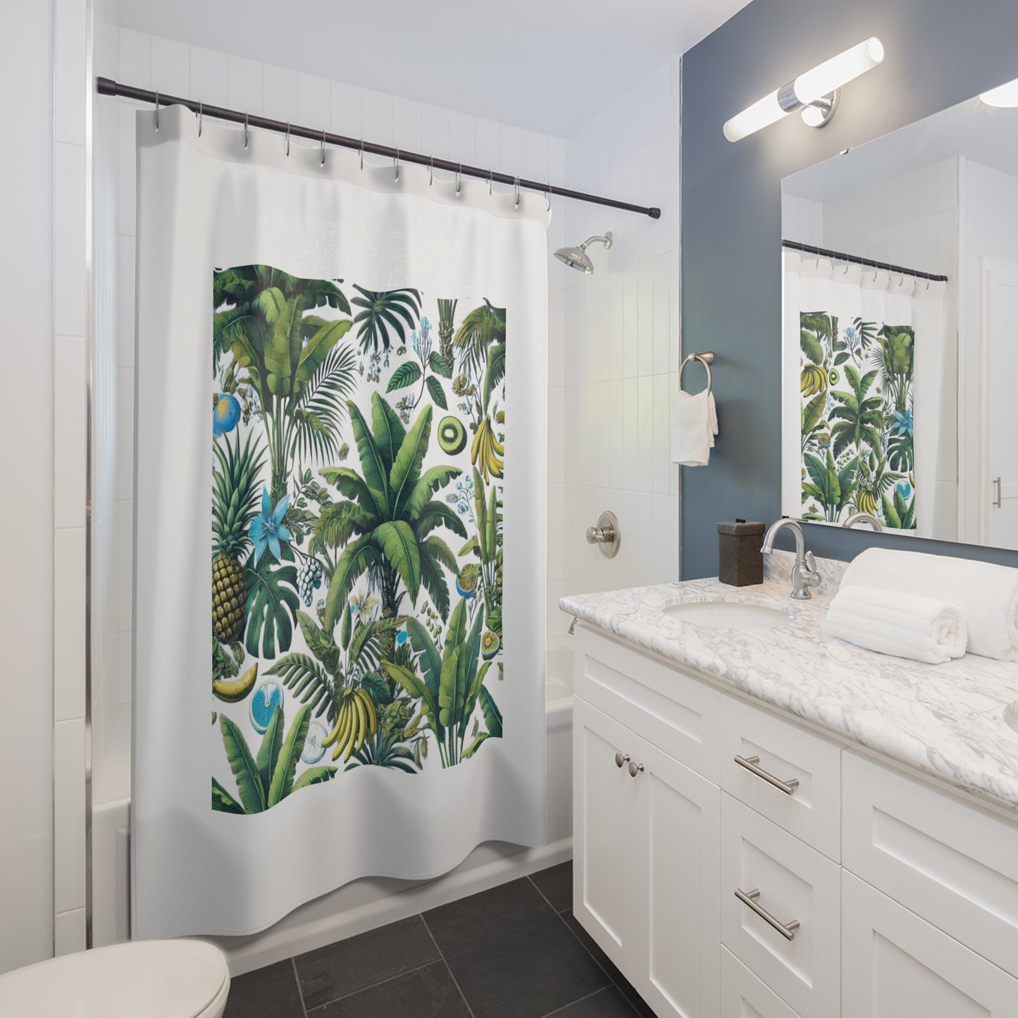 Palm Tree Shower Curtain - Ocean Bathroom Decor / Tropical Fruit/White, White