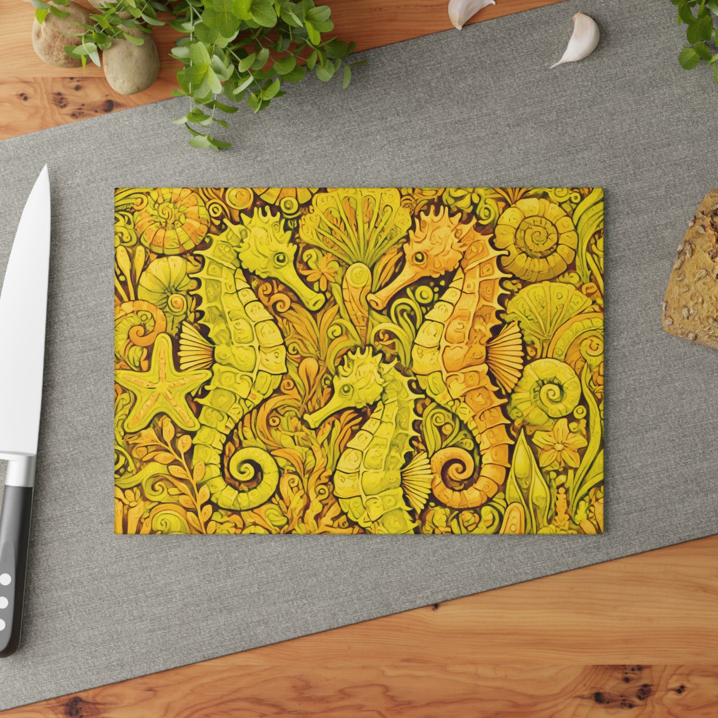 Glass Cutting Board, 2 sizes - Seahorses/Yellow