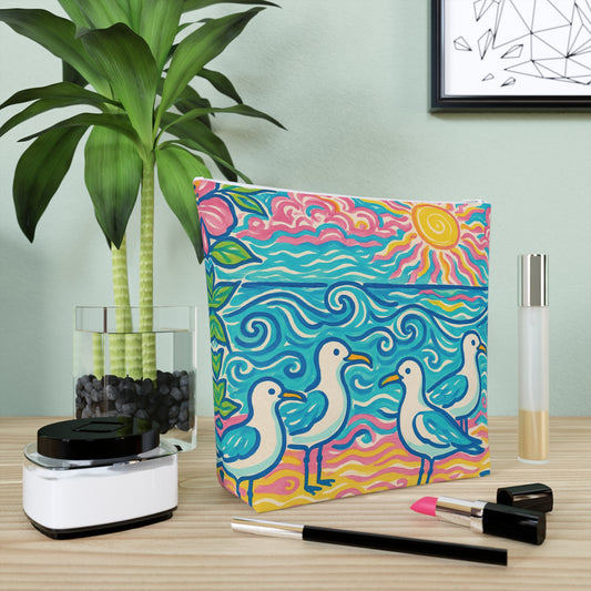 Tropical Cotton Cosmetic Bag, Makeup Pouch, 5 Sizes / Beach Seagulls