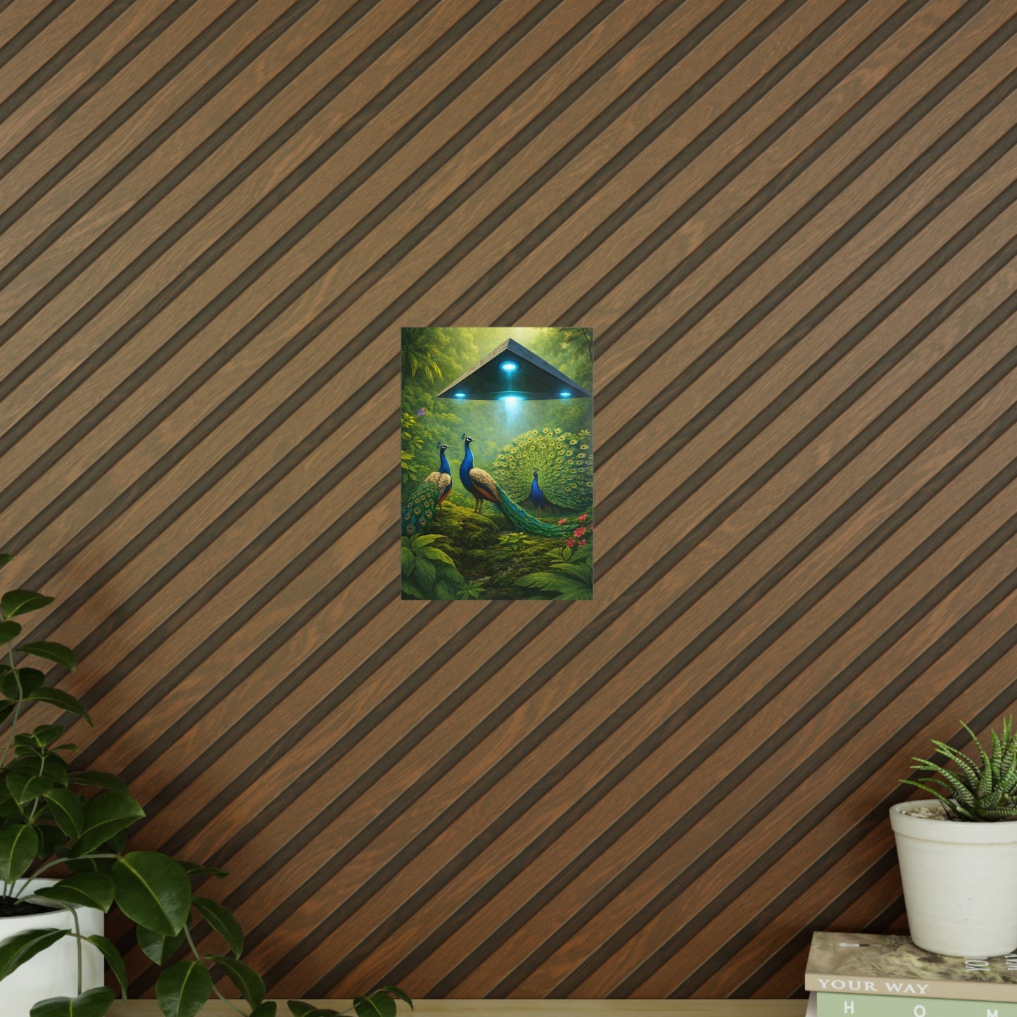 Photopaper Poster — UFO & Peacocks Sci‑Fi Wall Art