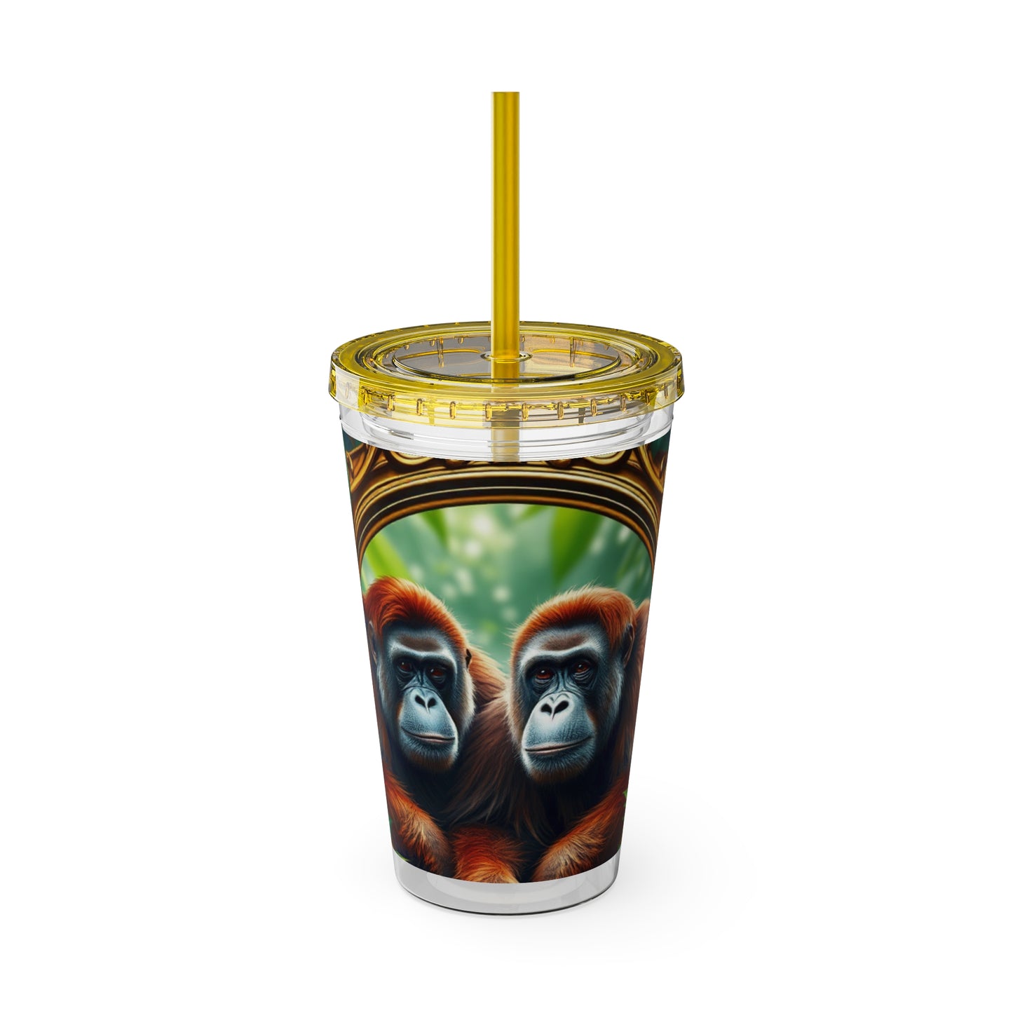 Tropical Tumbler with Straw | 16oz Colorful Travel Cup / Framed Orangutan Apes