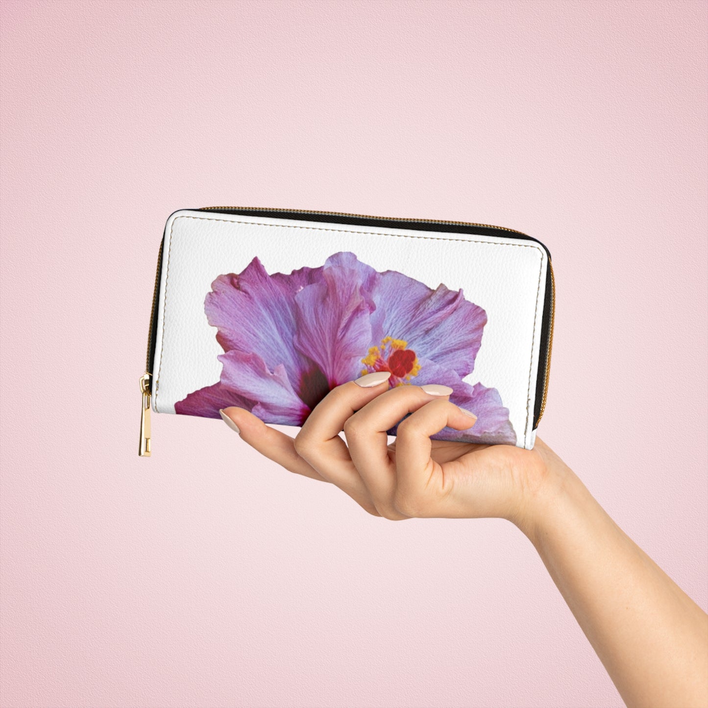 Tropical Zipper Wallet, Faux Leather / Vibrant Clutch / Purple Hibiscus, White