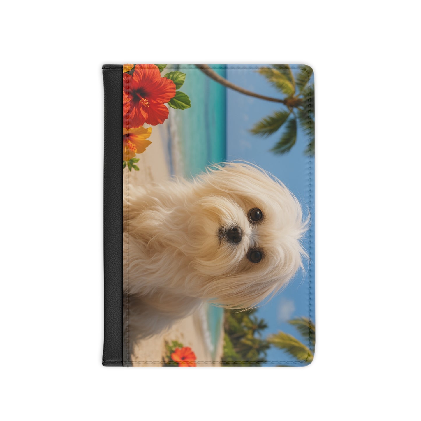 Tropical Passport Cover, Faux Leather - RFID blocking for travel security / Puppy Ariel on the Beach