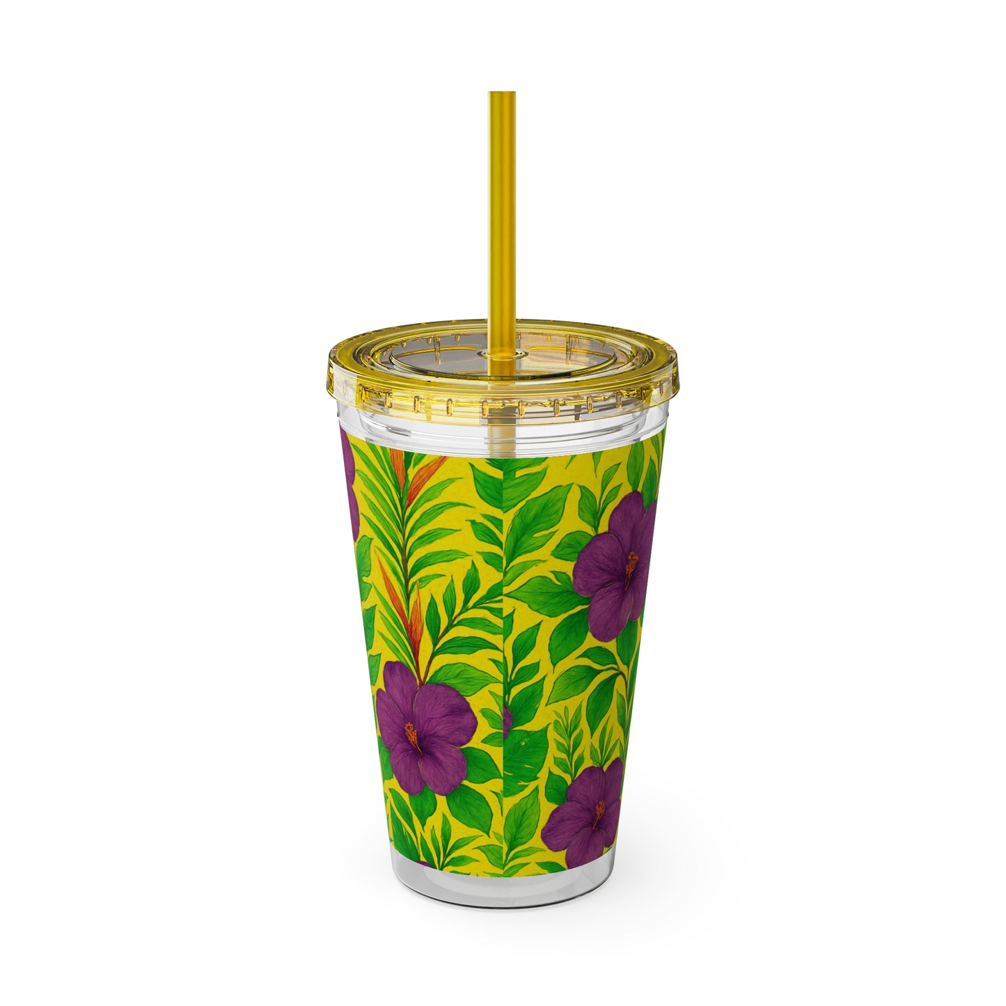 Tropical Tumbler with Straw | 16oz Colorful Travel Cup / Midnight Flower Yellow