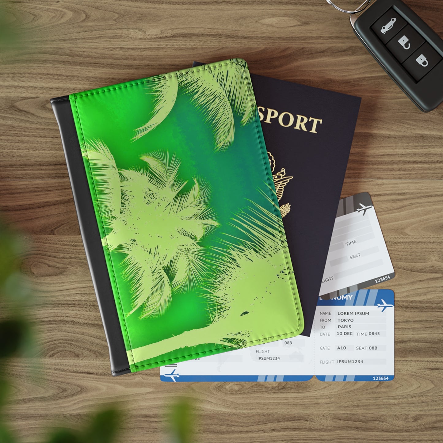 Tropical Passport Cover, Faux Leather - RFID blocking for travel security / Palm Glow Green