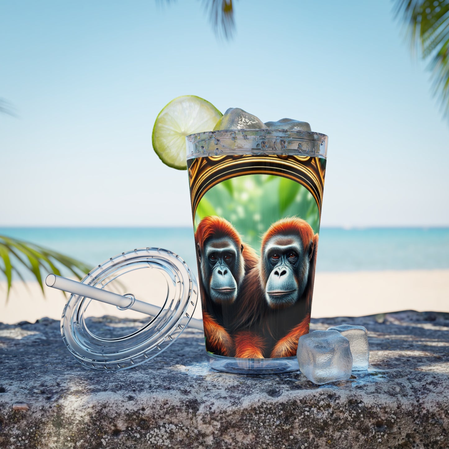 Tropical Tumbler with Straw | 16oz Colorful Travel Cup / Framed Orangutan Apes