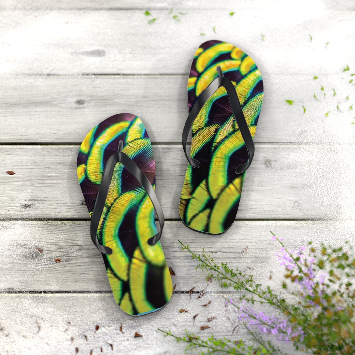 Flip Flops - Yellow Peacock Feathers