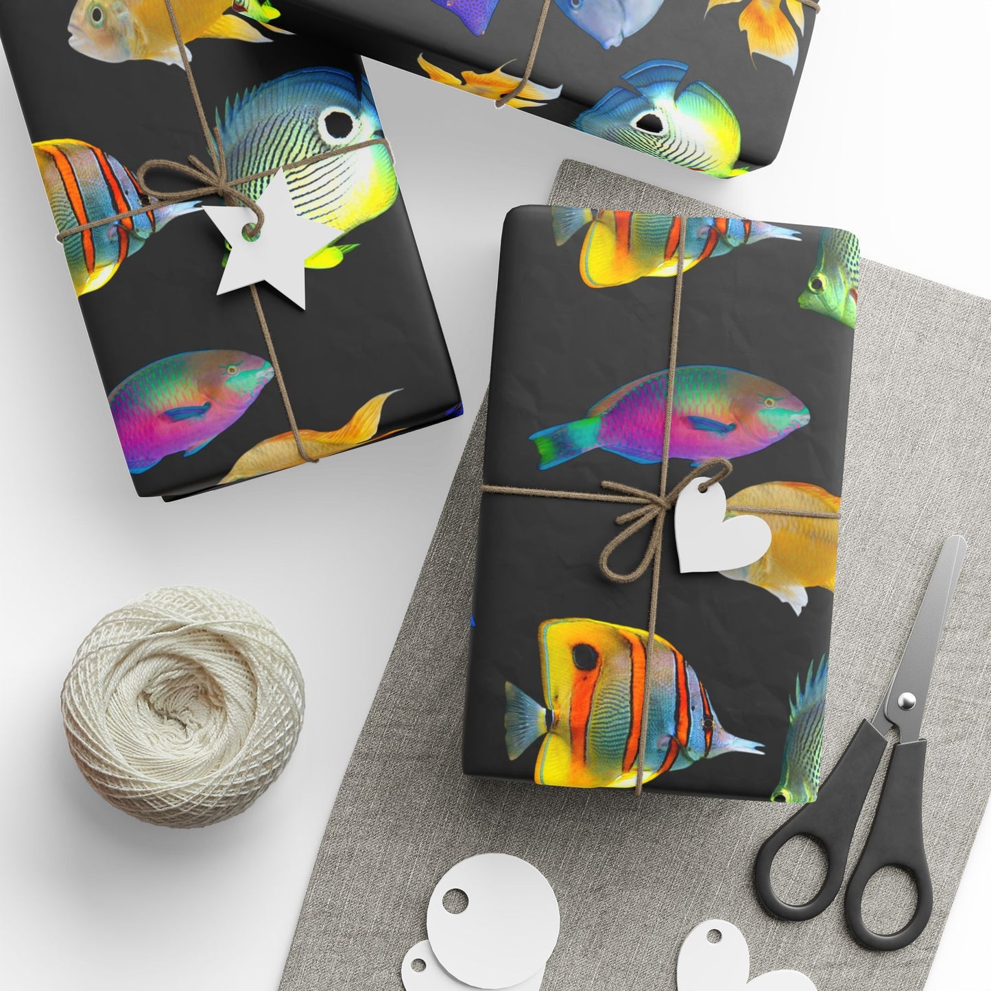 Wrapping Paper - Tropical Gift Wrap for All Occasions, 3 Sizes/2 Finishes / School of Fish, Black