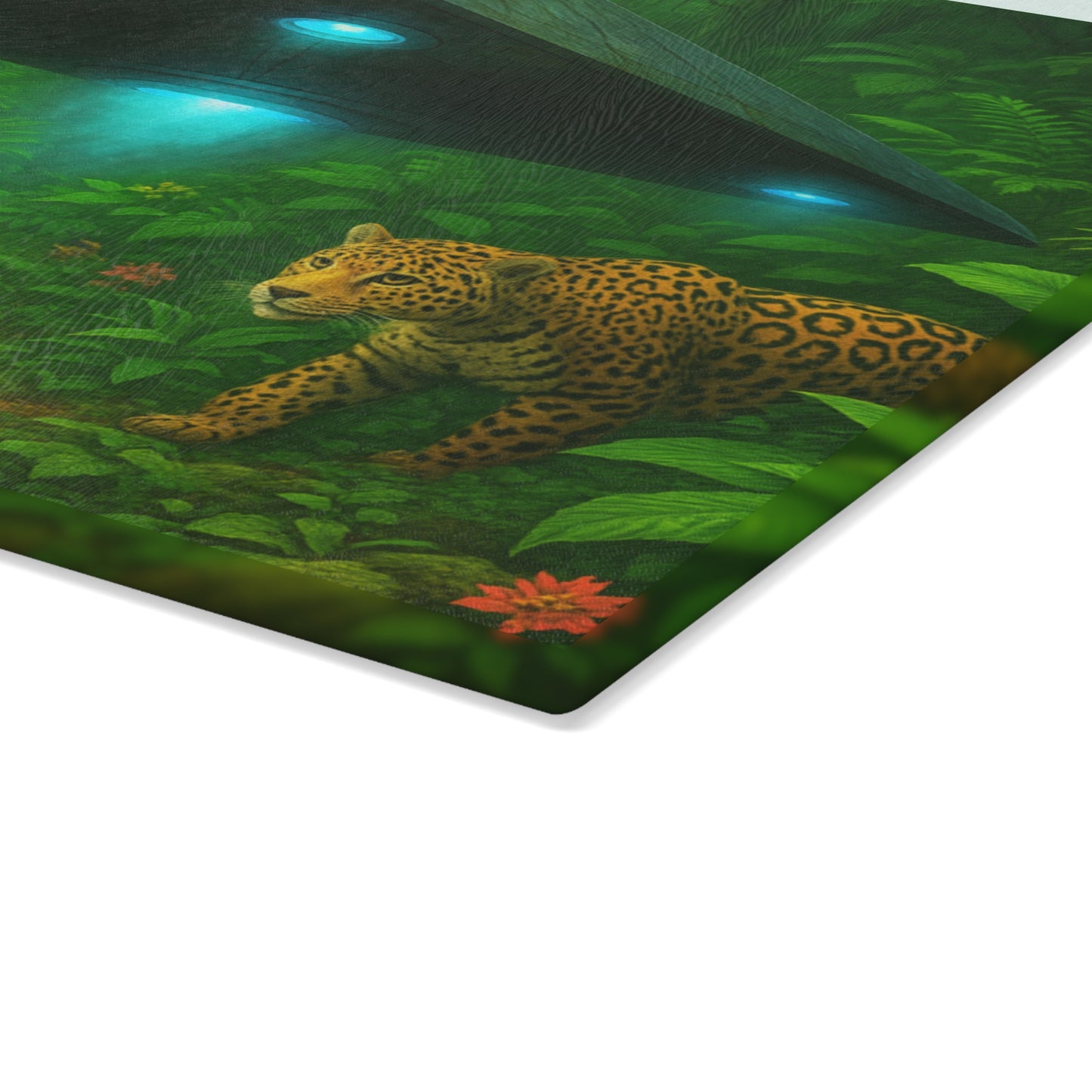 Glass Cutting Board, 2 sizes - Rainforest UFO and Jaguars