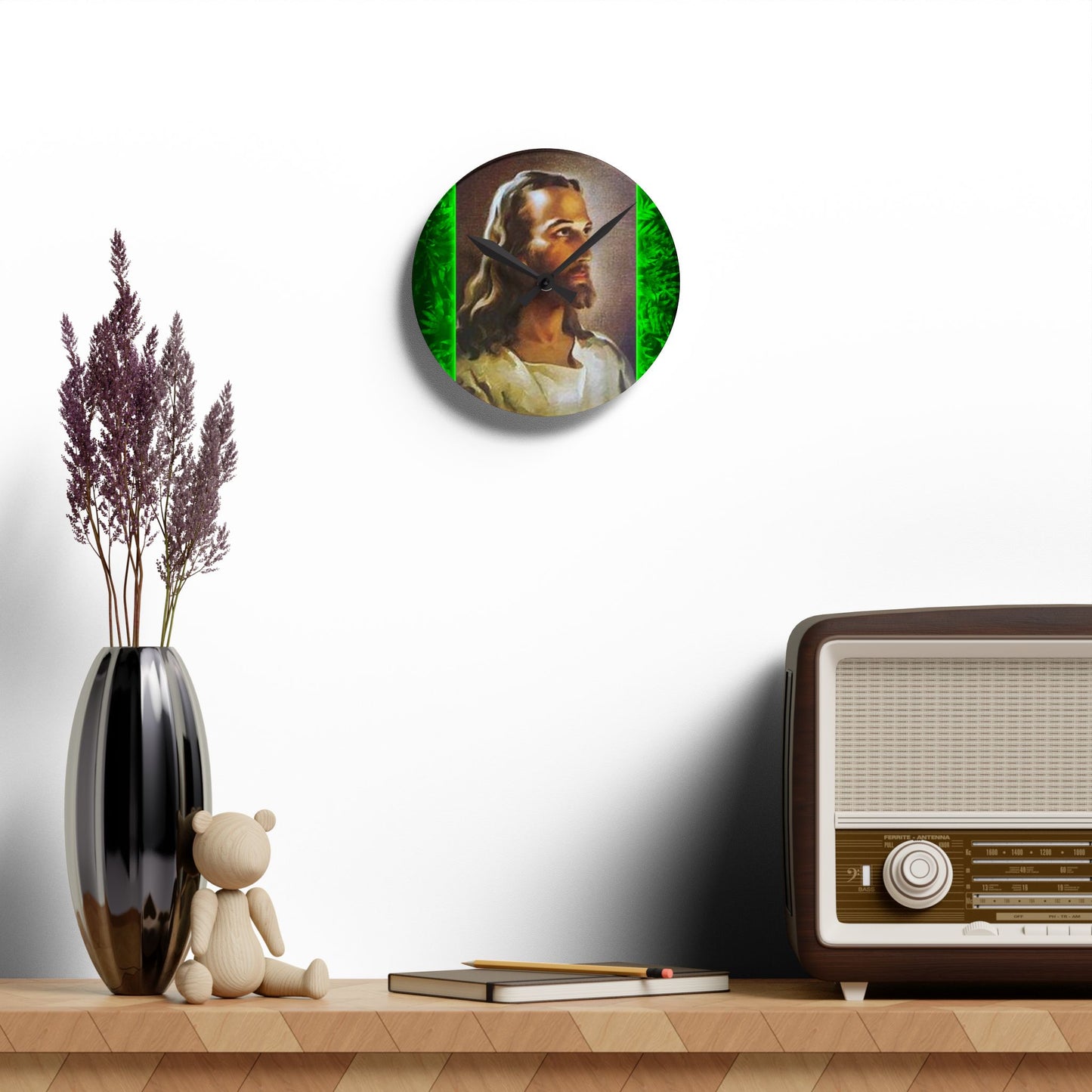 "Tropical Glow Head of Christ"  Acrylic Wall Clock - Elegant Religious Decor for Home and Office