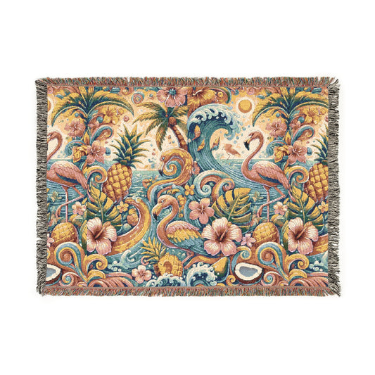 Woven Blanket, 3 Sizes - Tropical Home Decor / Flamingo Waves