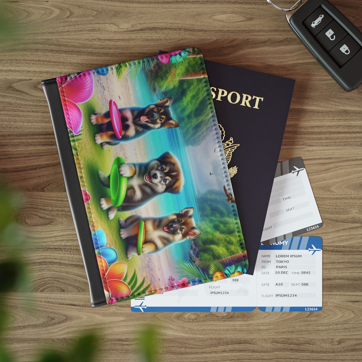 Tropical Passport Cover, Faux Leather - RFID blocking for travel security / Three Dogs Playing Frisbee on Beach