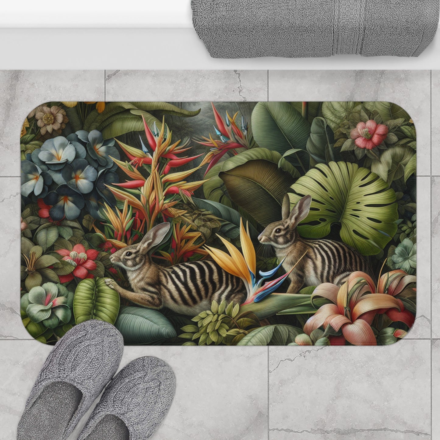Rainforest Rabbit Outing Bath Mat, 2 Sizes - Tropical Vibes for Home Decor