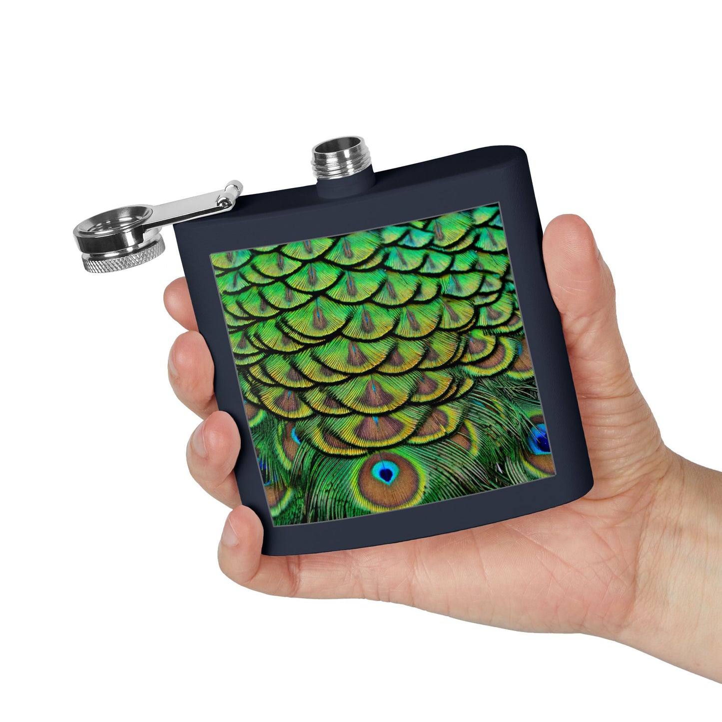 Tropical Stainless Steel 6 oz. Flask, Many Colors  –Brilliant Green Peacock Feathers