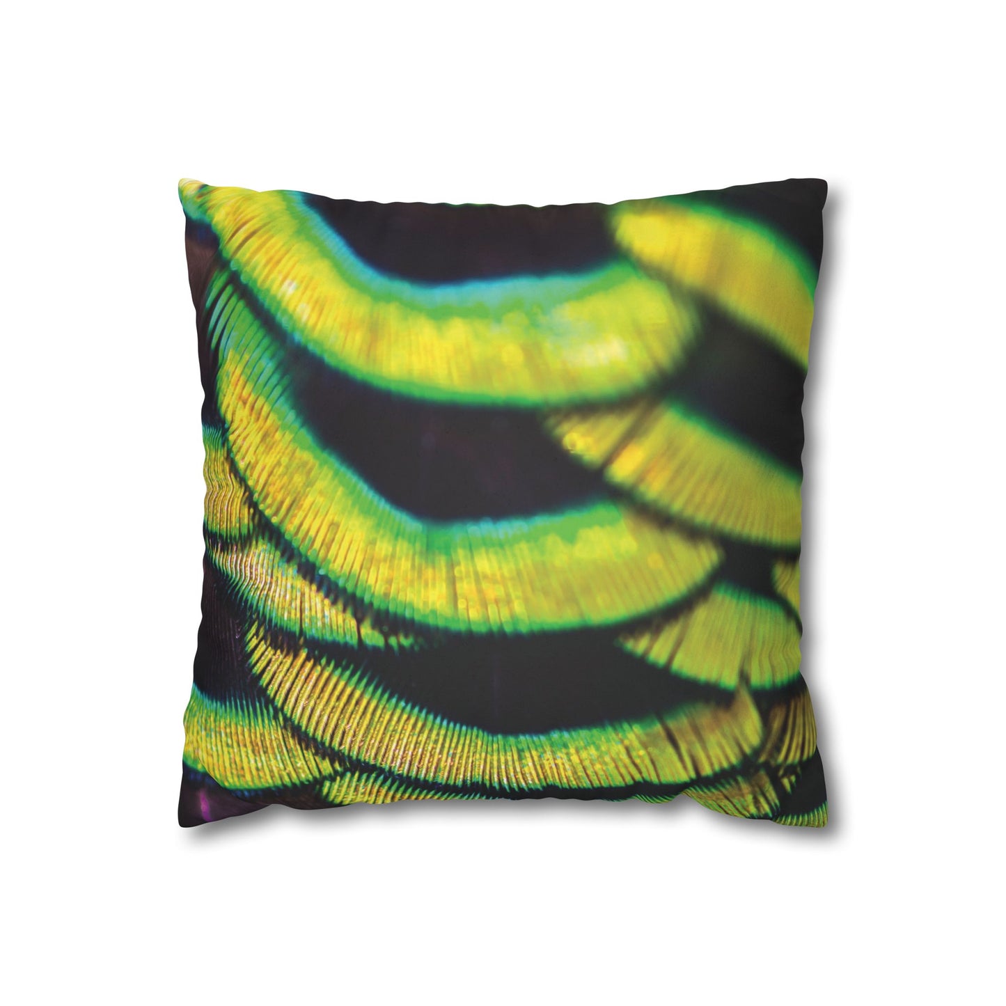 Faux Suede Square Pillowcase - Yellow Peacock Feathers