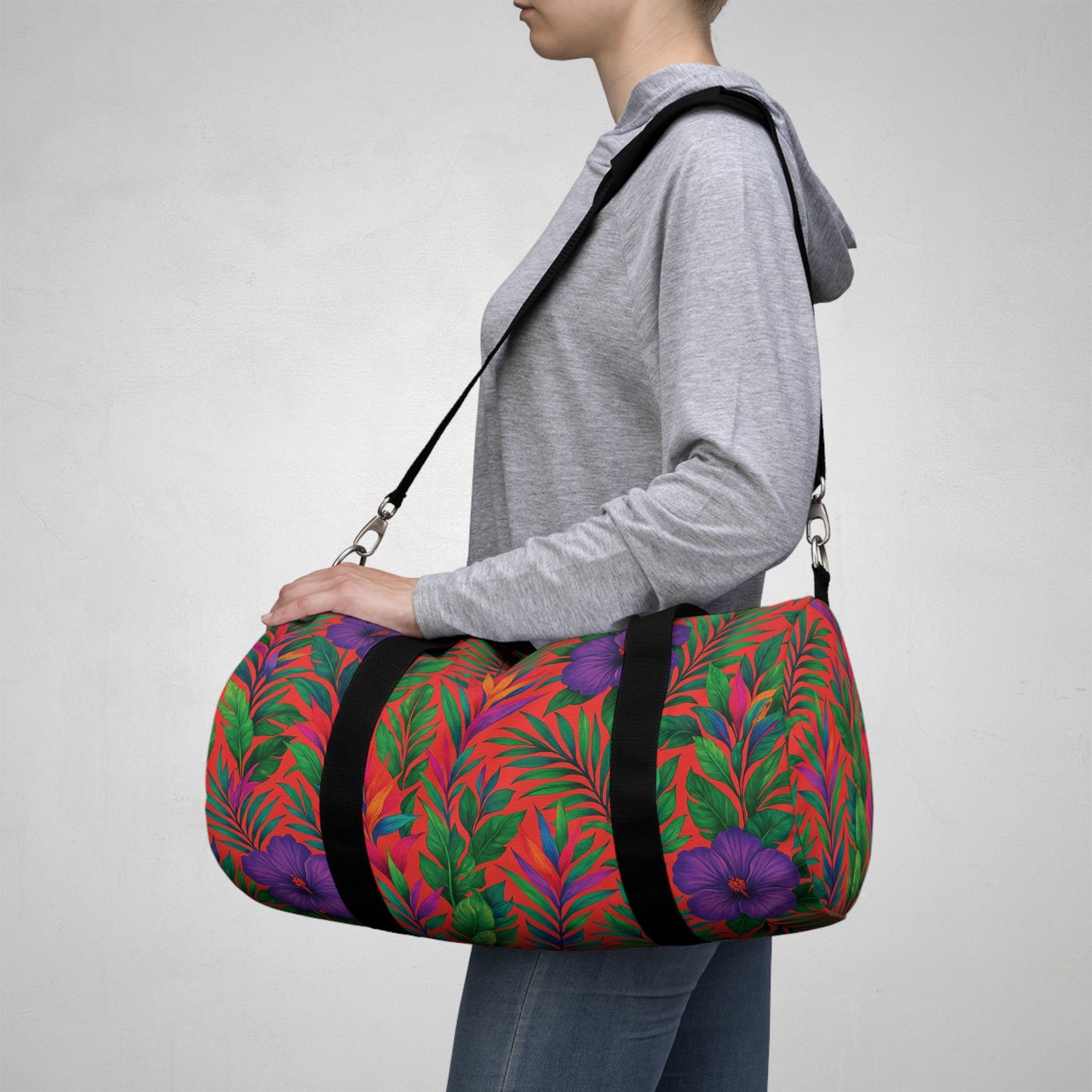 Tropical Rainforest Duffel Bag - Perfect for Travel and Gym / Midnight Flowers Coral