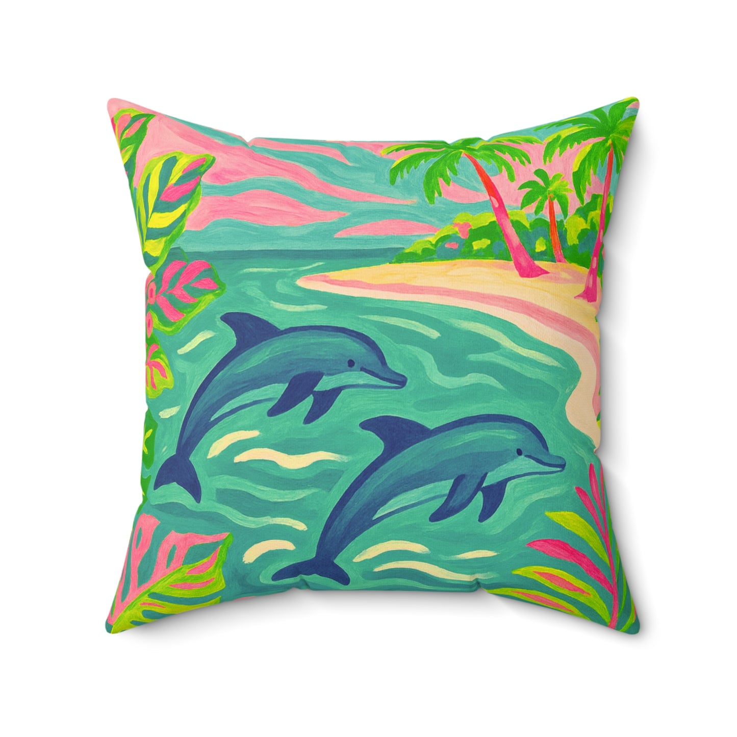 Tropical Pillow, 4 sizes - Colorful Spun Polyester Square Cushion / Jumping Dolphins