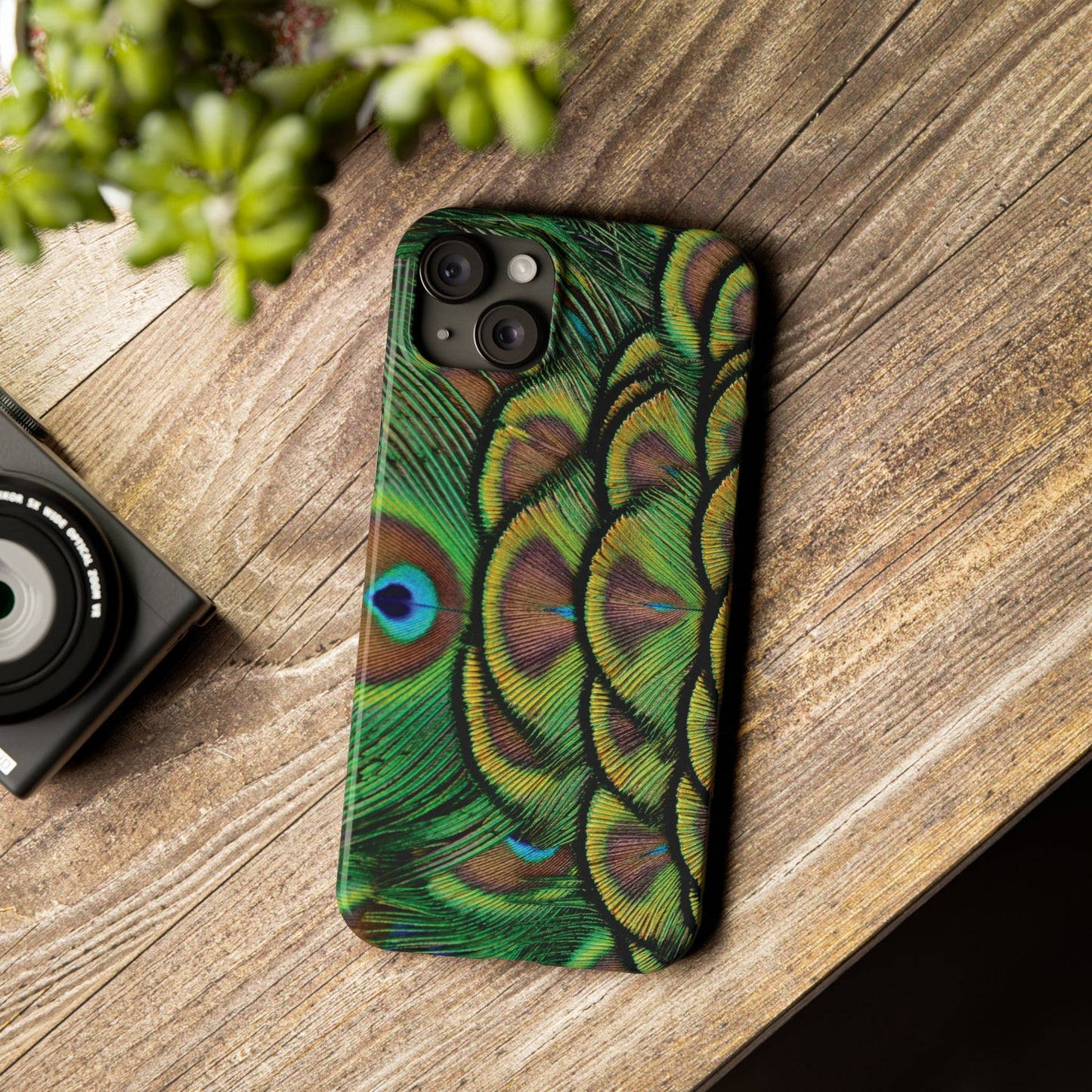 Slim Phone Cases - Brilliant Green Peacock Feathers