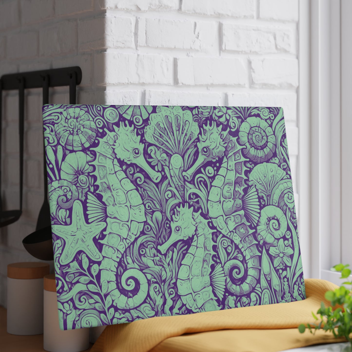 Glass Cutting Board, 2 sizes - Seahorses Minty