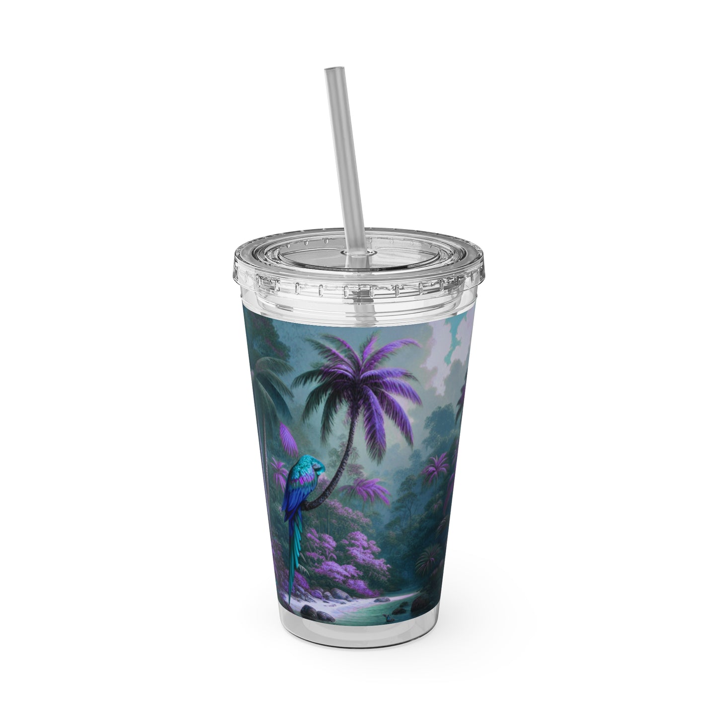 Tropical Tumbler with Straw | 16oz Colorful Travel Cup / Sleeping Parrot/Fantasy