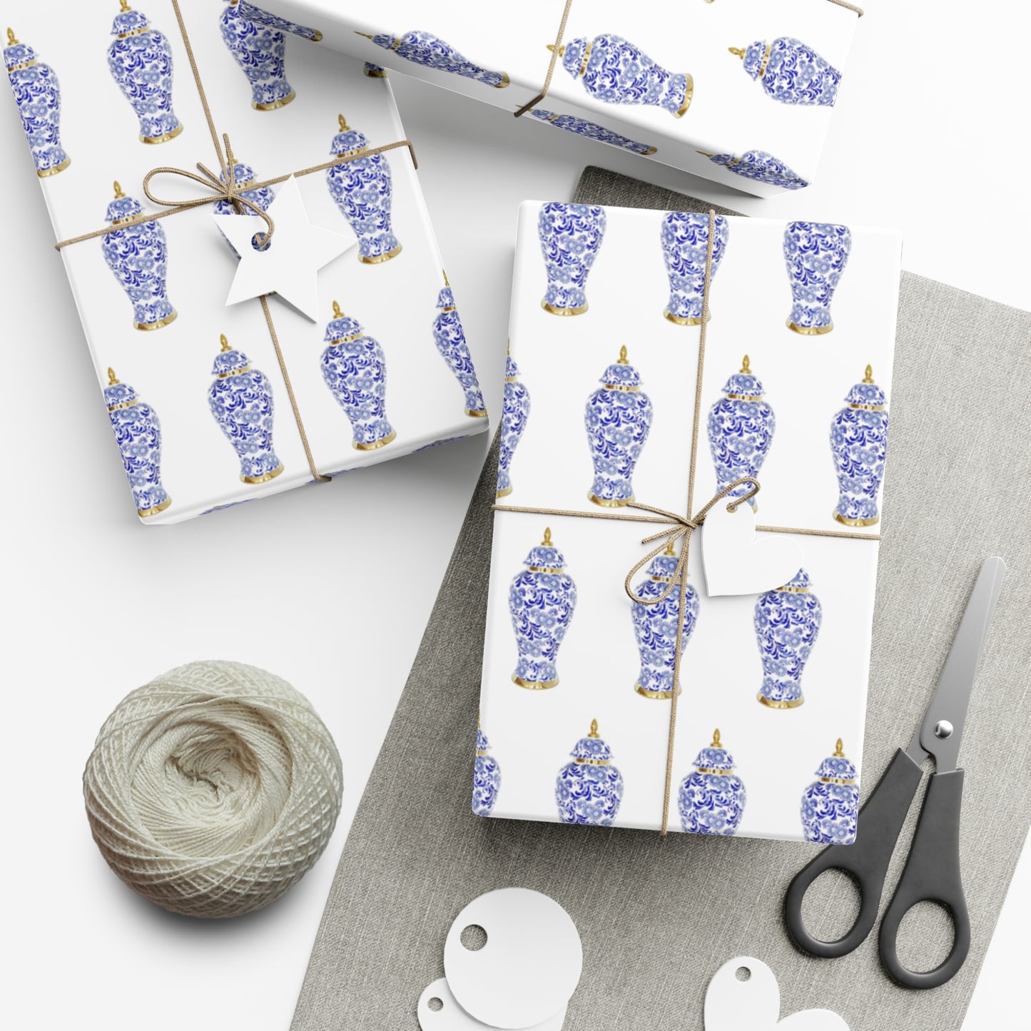 Wrapping Paper - Tropical Gift Wrap for All Occasions / 3 Sizes, 2 Finishes / Blue and White Ginger Jar