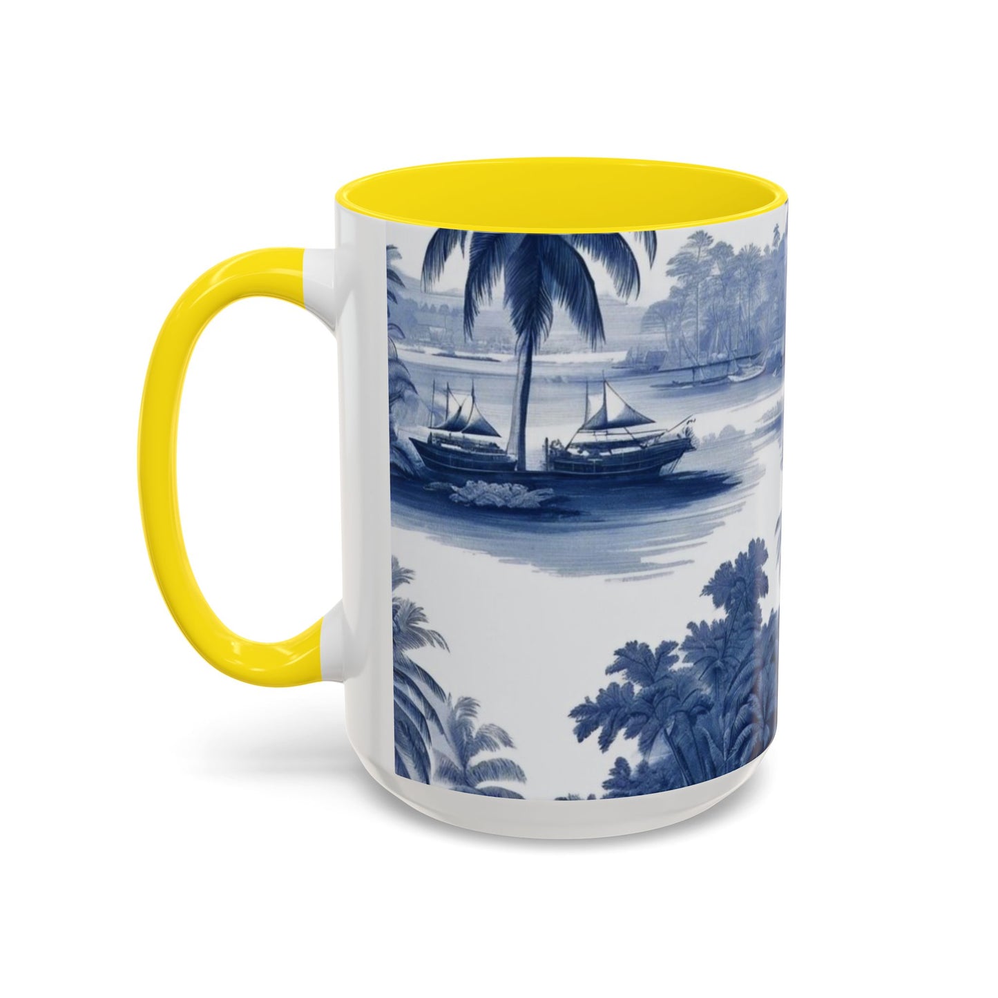 Accent Coffee Mug (11, 15oz), 8 Colors - Tropical Toile Blue/White