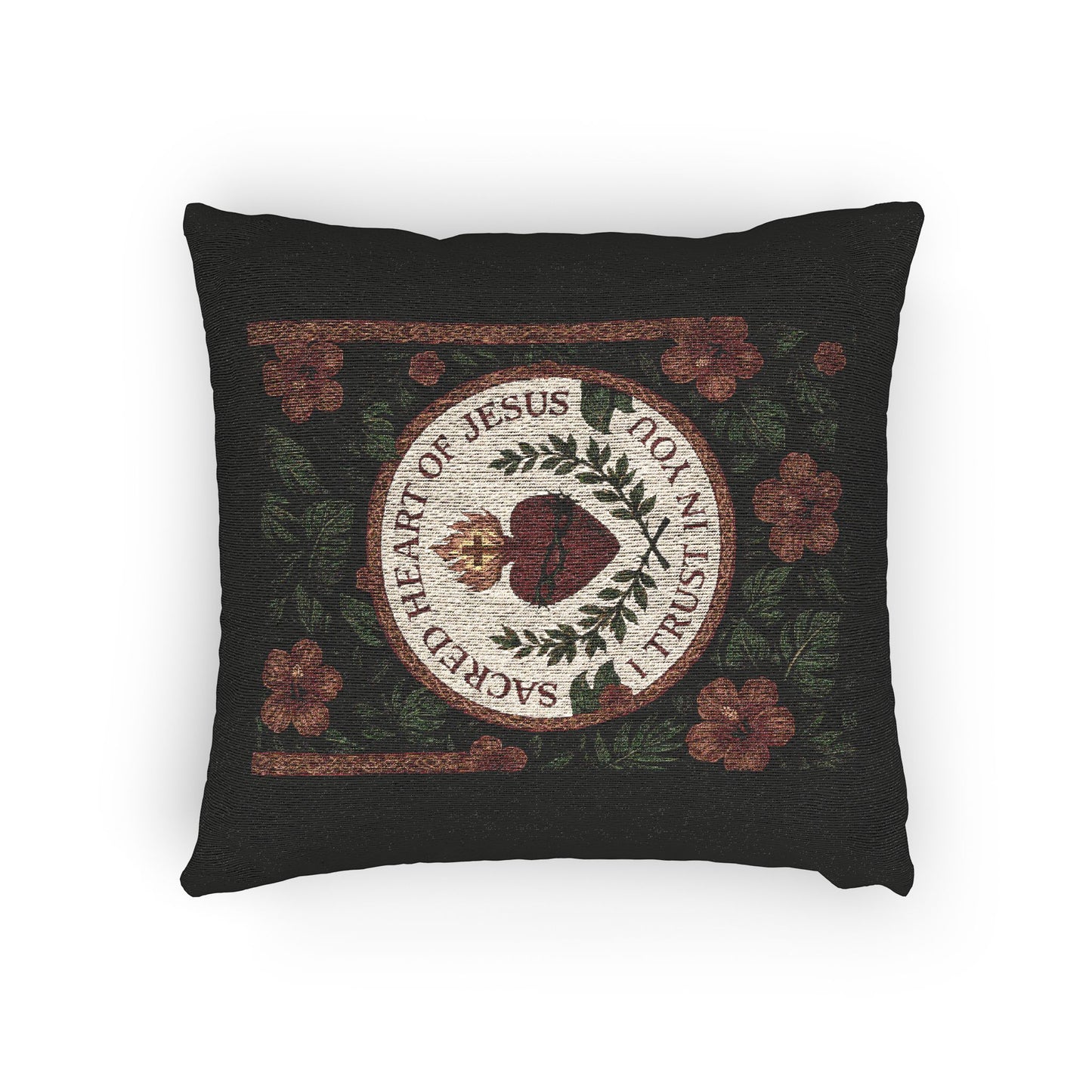 Religious Woven Pillow, 17"W x 18"L - Sacred Heart of Jesus Prayer, Black