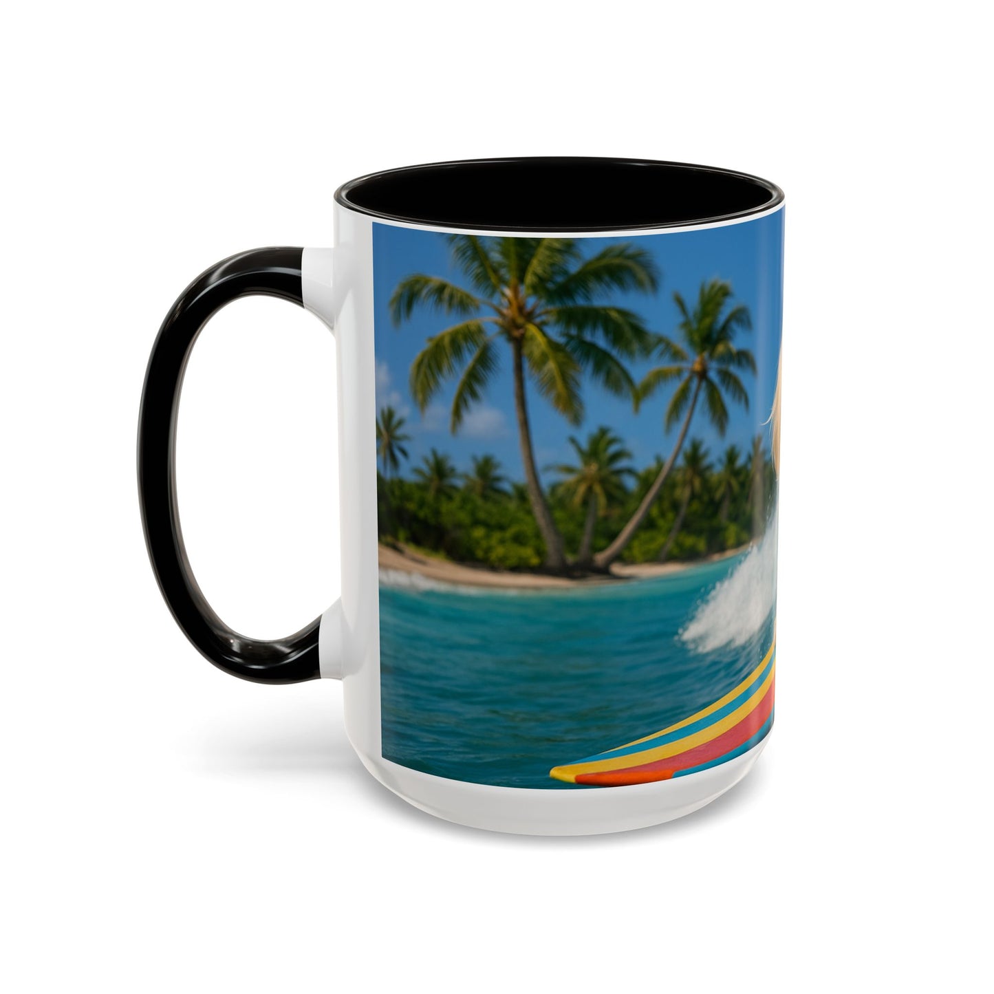 Vibrant Beach Coffee Mug - 11oz & 15oz / Puppy Ariel the Dog Surfer
